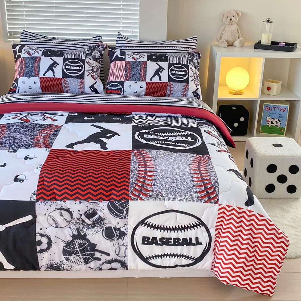 7 Piece Baseball Comforter Set Bed in A Bag Full Size 3D Softball Sports Bedding Set for Boys Kids Microfiber Comforter All Season (1 Comforter, 1 Flat Sheet, 1 Fitted Sheet, 4 Pillowcase)