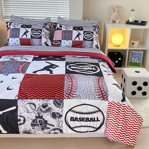 Miniatura 4 de Gusuhome Juego de edredón de béisbol de 7 piezas, ropa de cama en una bolsa, juego de ropa de cama deportiva de sóftbol 3D para niños y niños,