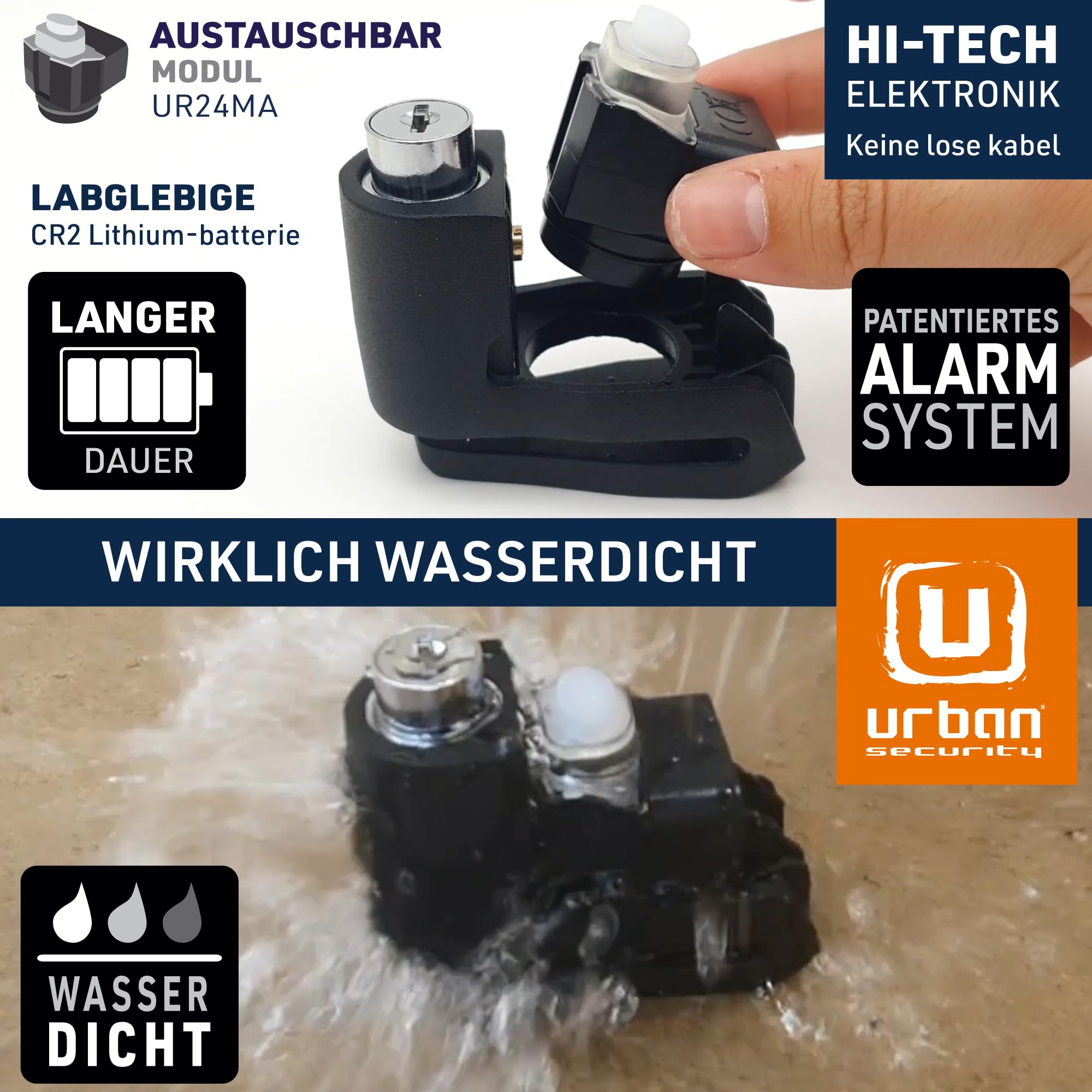 URBAN UR6 Bremsscheibenschloss mit Intelligentem Alarm | Effektiver | Hi-Tech, 120dB, LED, Warnfunktion A+ Empfindlichkeit, Langlebige CR2 Batterie, Wasserdicht, Motorrad Schloss Fahrradschloss, 6mm