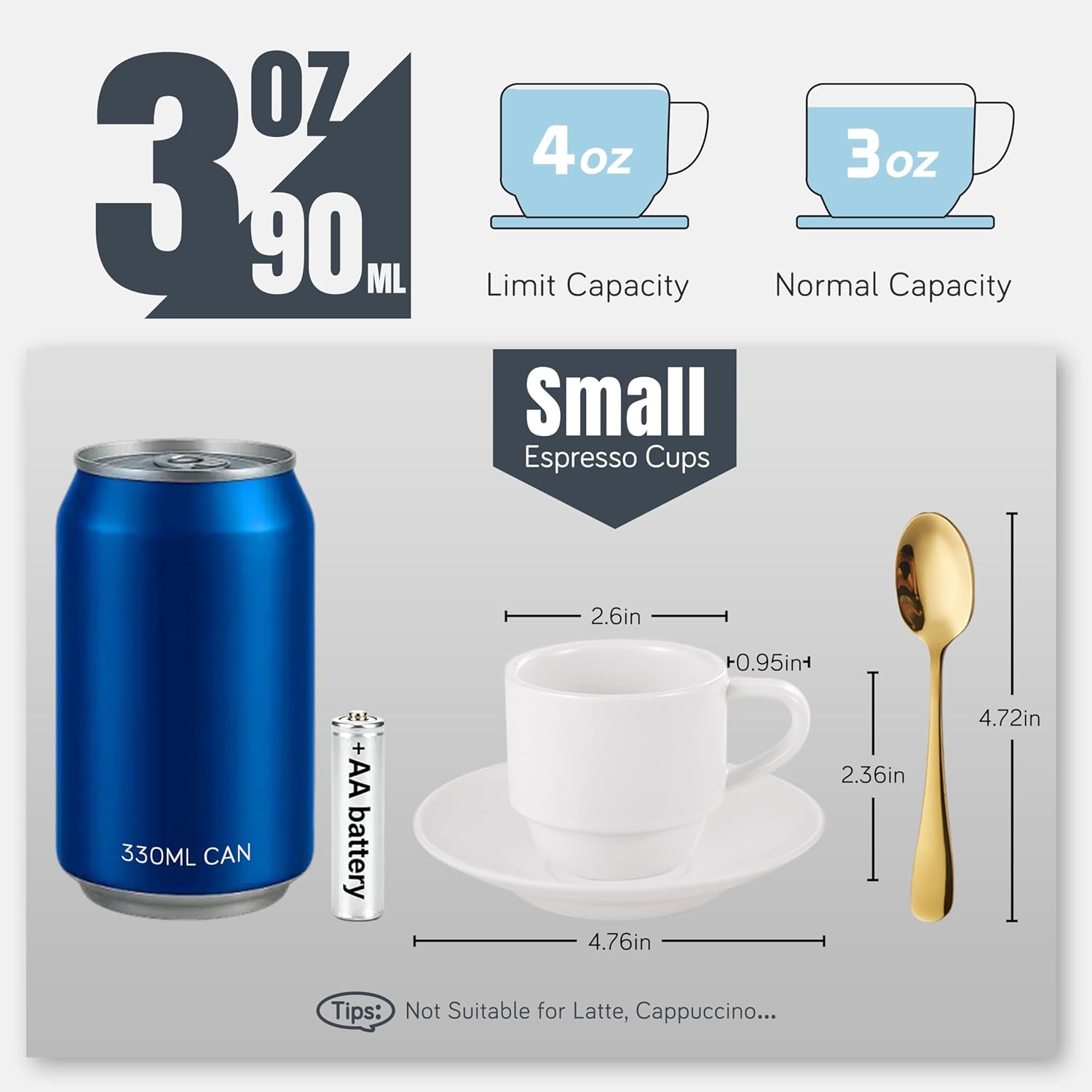 Lareina Porcelain Stackable Espresso Cups with Saucers, Spoons and Metal Stand, 3 Ounce Small Coffee Cups Set of 6 - Ceramic Demitasse Mugs, White