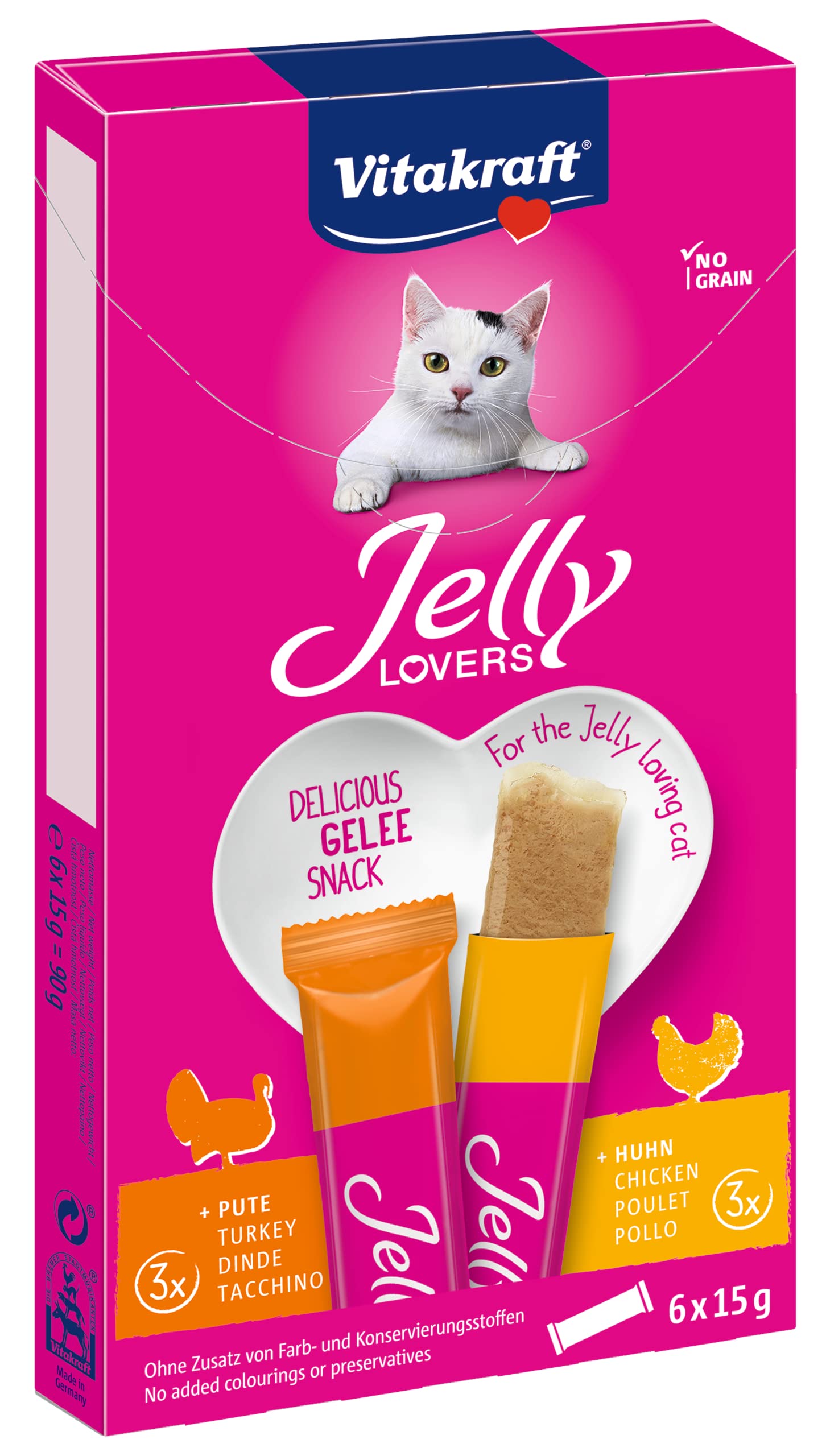 Vitakraft Jelly Lovers, przekąska dla kotów, galaretka do gryzienia, z kurczakiem i indykiem, do rozpieszczania w międzyczasie, bez dodatku cukru i zbóż (1 opakowanie 6 x 15 g)