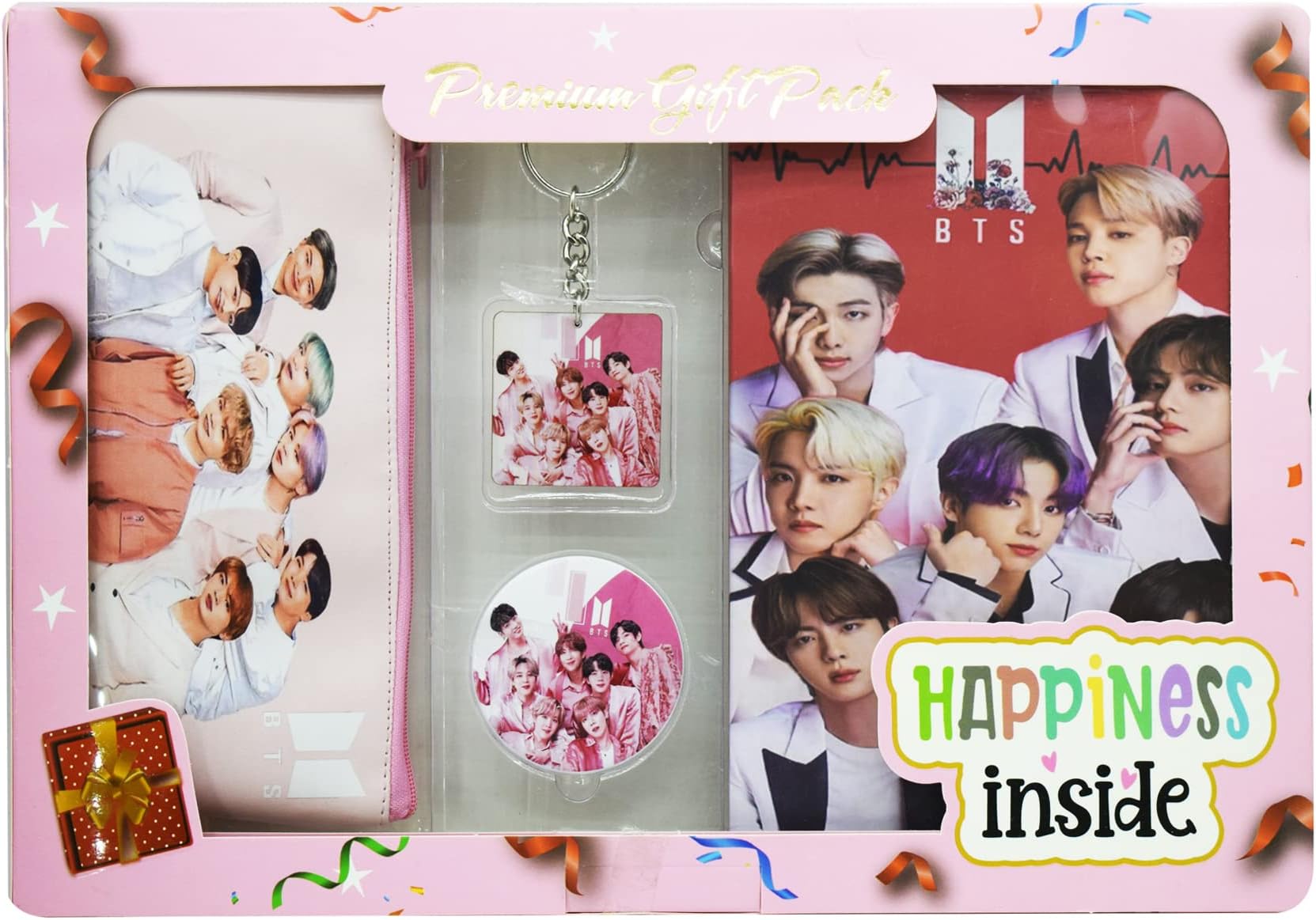 Asera BTS Theme Stationery Kit for Kids - Includes Pouch, A5 Diary, Key Chain, Badge - Gift for Kids