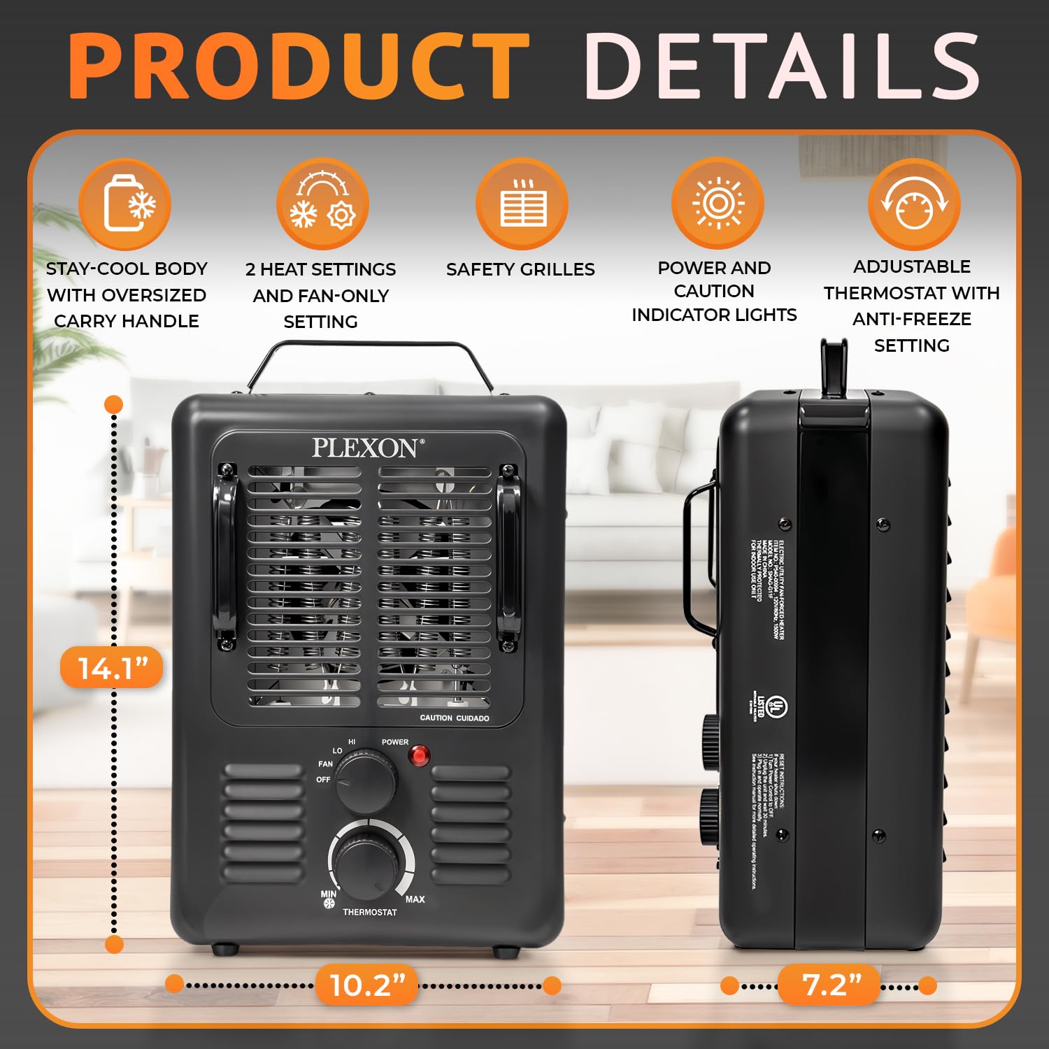 Plexon Electric Milkhouse Space Heater 1500W, Space Heaters for Indoor Use with Adjustable Thermostat, Overheat Protection, Tip-Over Safety Switch, Ideal for Garage, Greenhouse