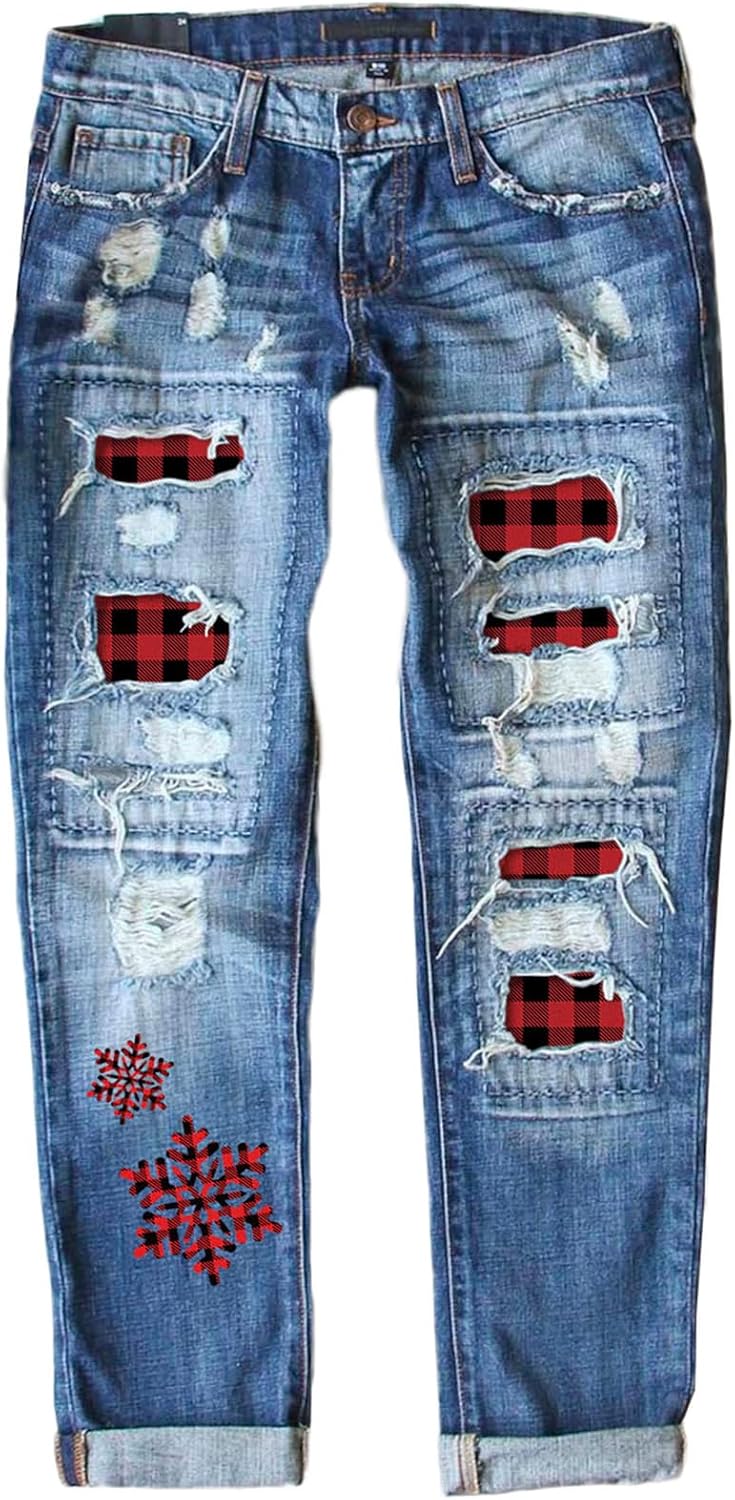 EVALESS Ripped Jeans for Women Plaid Patch Boyfriend Skinny Distressed Denim Jean Pants
