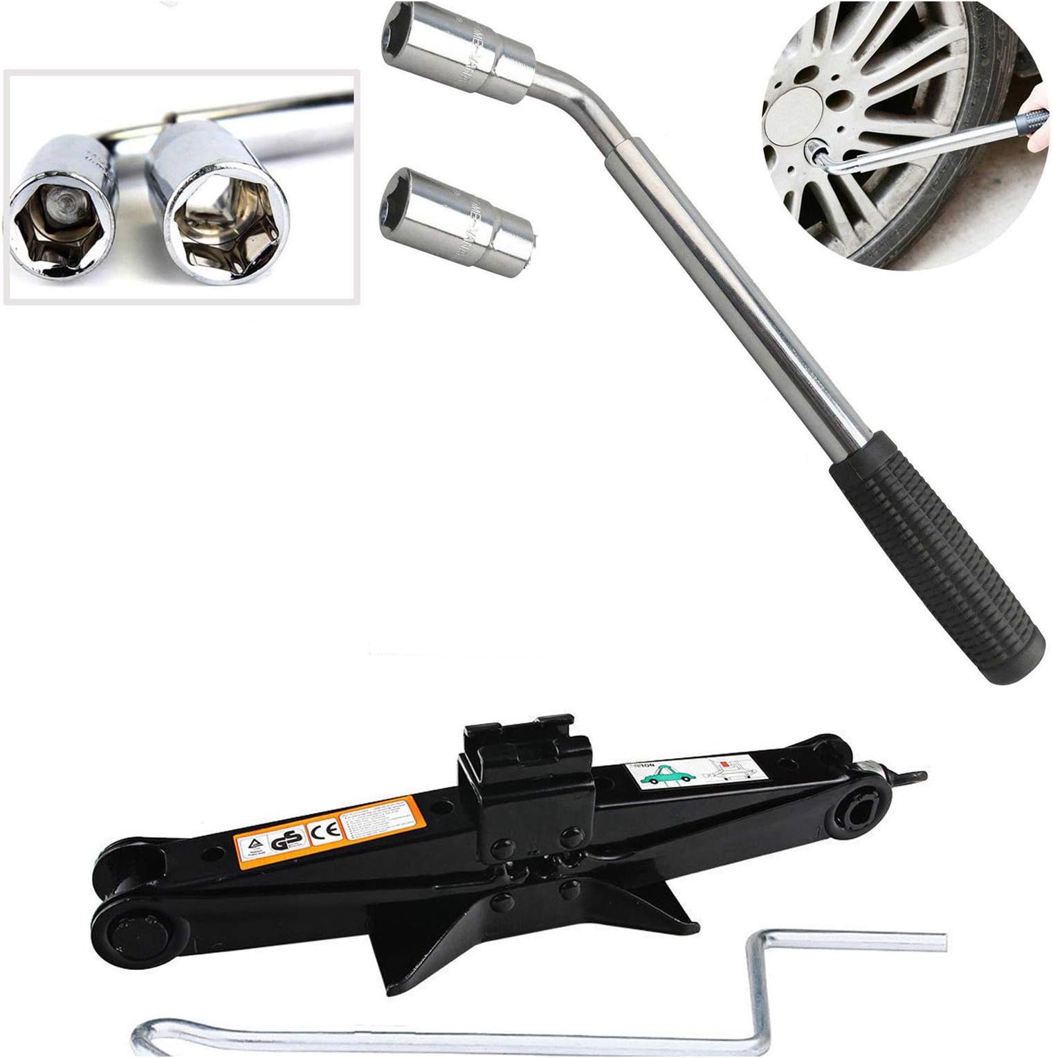 Car Tyre Changing Tools Kit 2 Tonne Scissor Jack & Lug Wrench Set Telescoping Extendable Wheel Brace Universal Standard Sockets 17&19mm/21&23mm