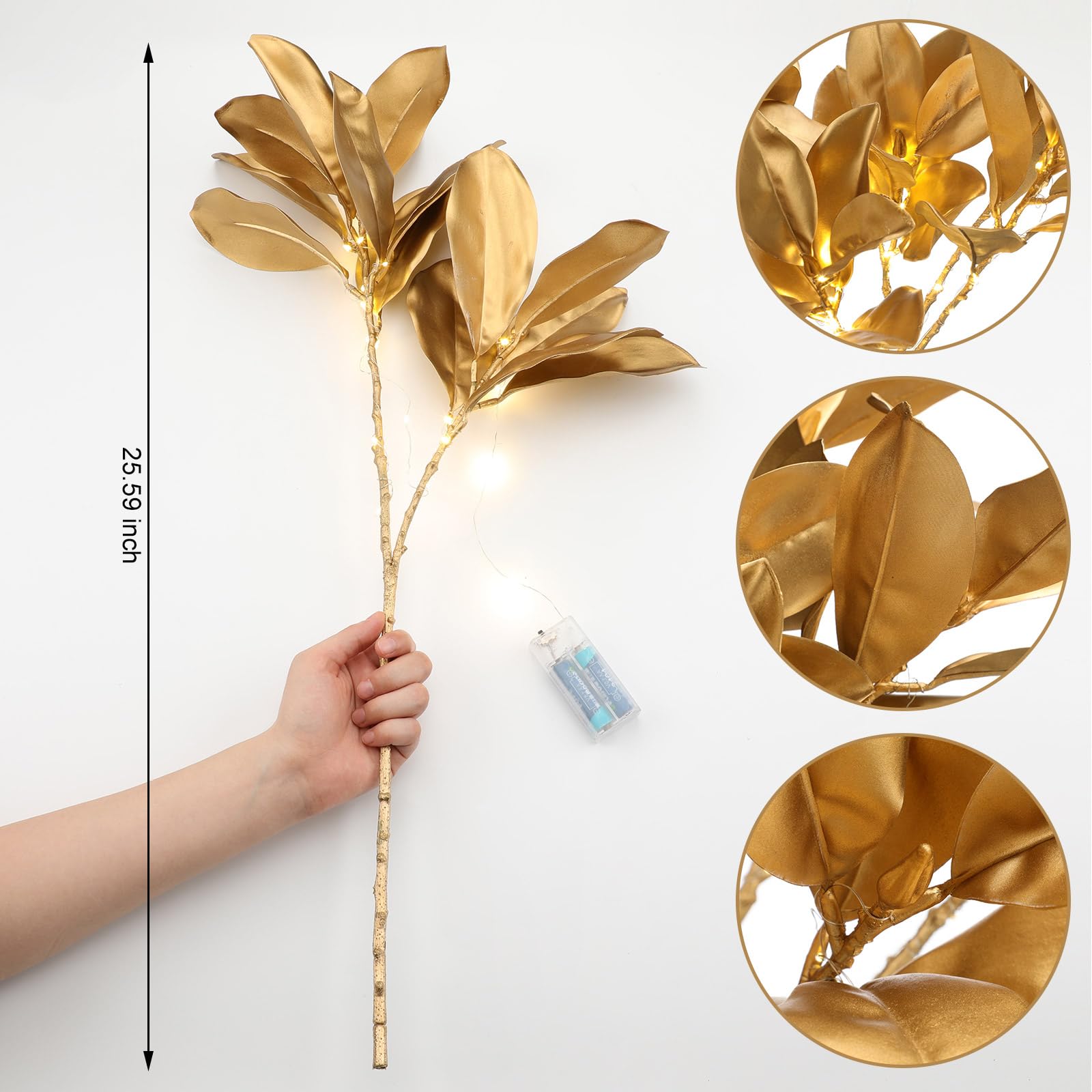 Retisee Magnolien-Zweige aus künstlichem Gold, beleuchtet, 65 cm, Magnolien-Plektren mit Lichterkette, künstliche Blätter, künstliche Zweige für Herbst, Weihnachten, Vase, Zuhause, Büro
