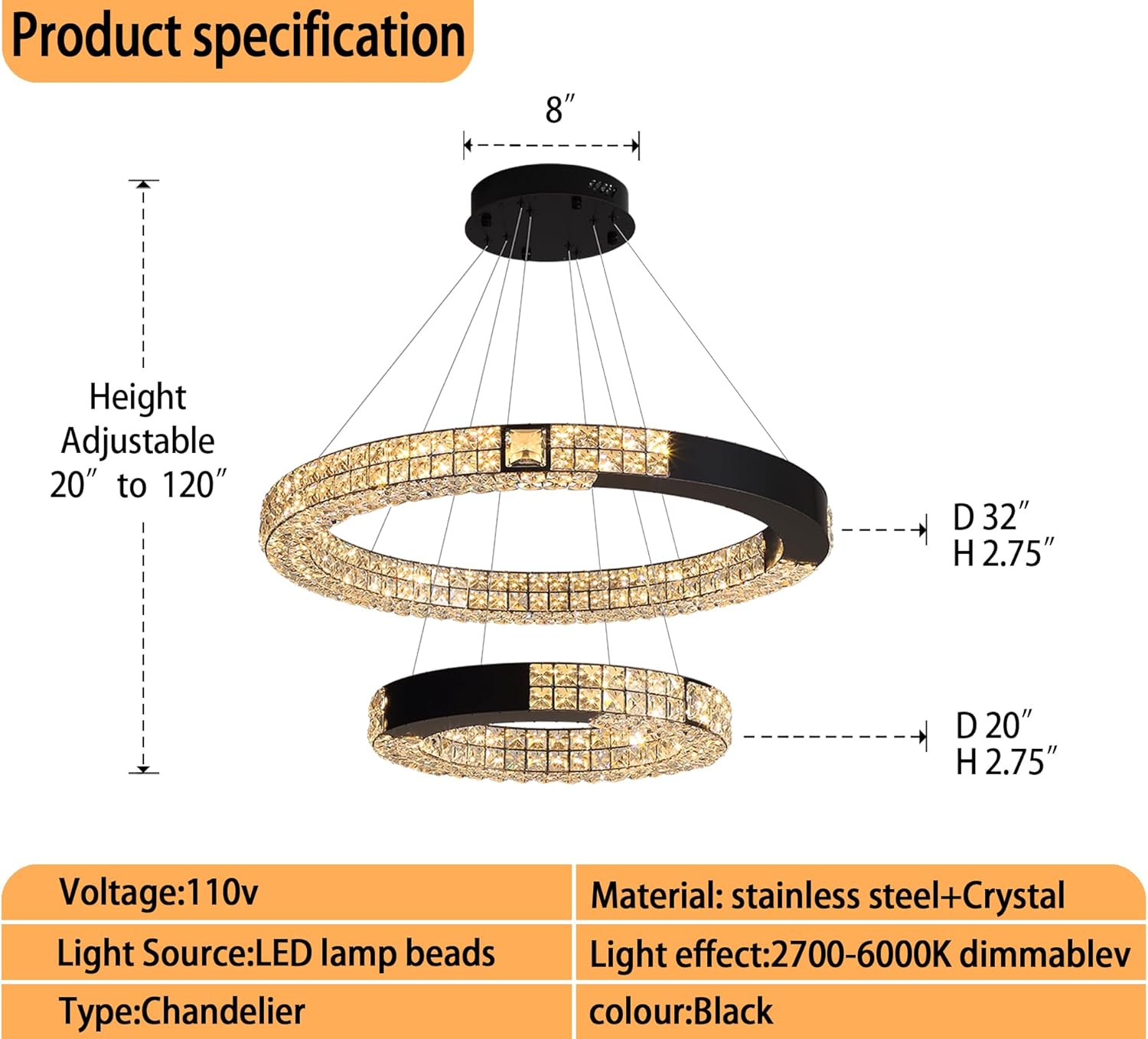 Led Gold Ring Chandelier for Living Room Dining Room Bedroom Modern Crystal Chandeliers Hanging Lighting Adjustable 2 Ring Chandeliers D32''+D20‘’