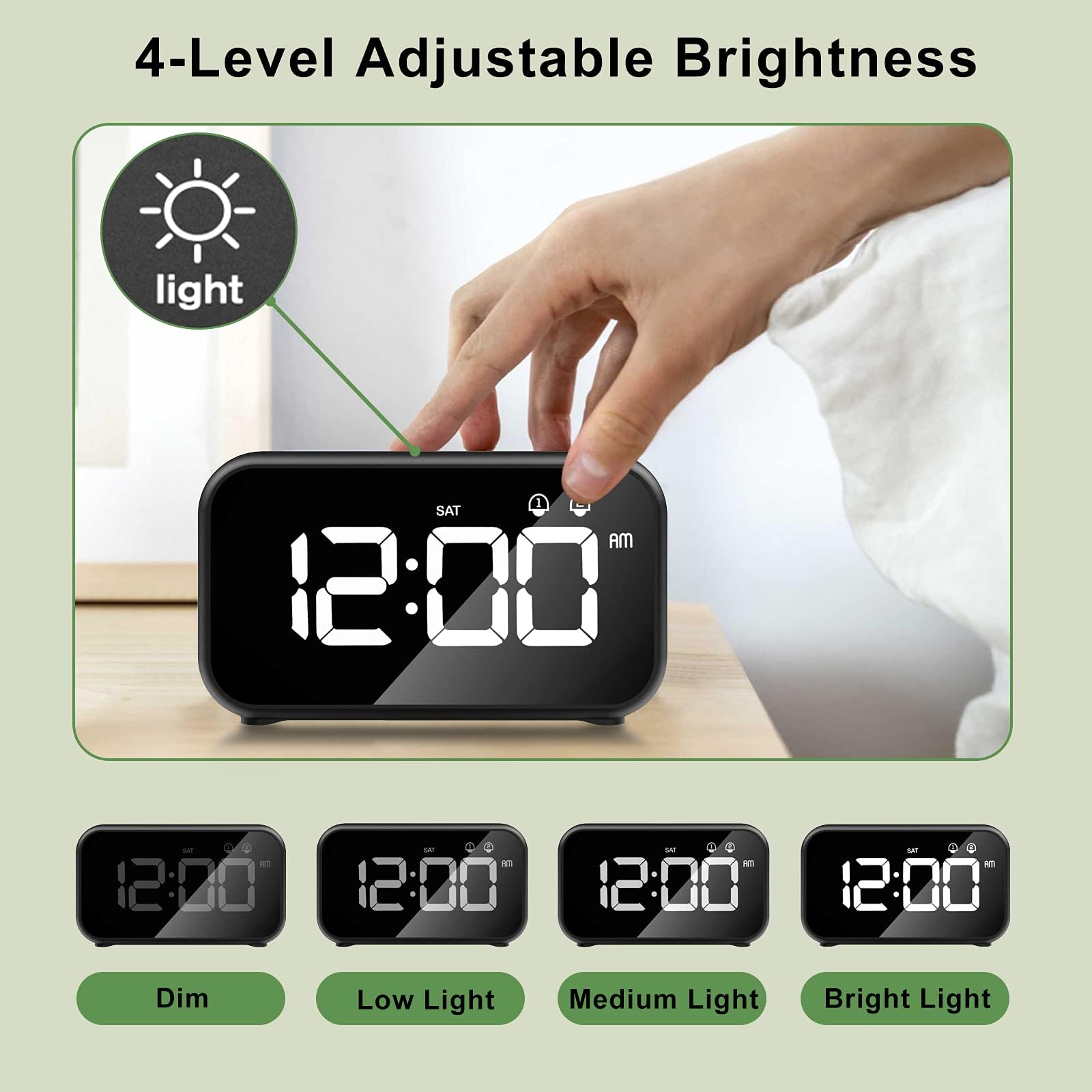 Sveglia Digitale, Sveglia da Comodino LED con 40 suonerie opzionali,Orologio a Specchio con Doppio Allarme, Funzione di Snooze,4 Livelli di luminosità, Sistema 12/24 Ore (Nero)