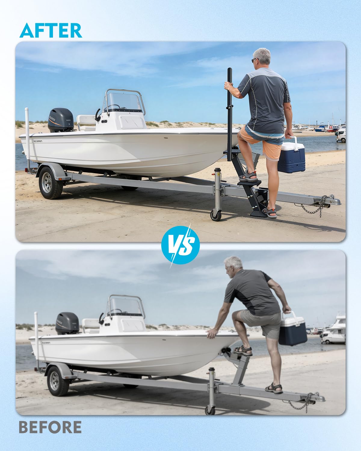 Escalones de remolque de barco, escalones de lengüeta de remolque resistentes con asa, ajuste universal para 3 x 3 pulgadas, 4 x 4 pulgadas y 3 x 5 pulgadas (3 escalones, banda de rodadura | Superficie antideslizante, capacidad de 450 libras