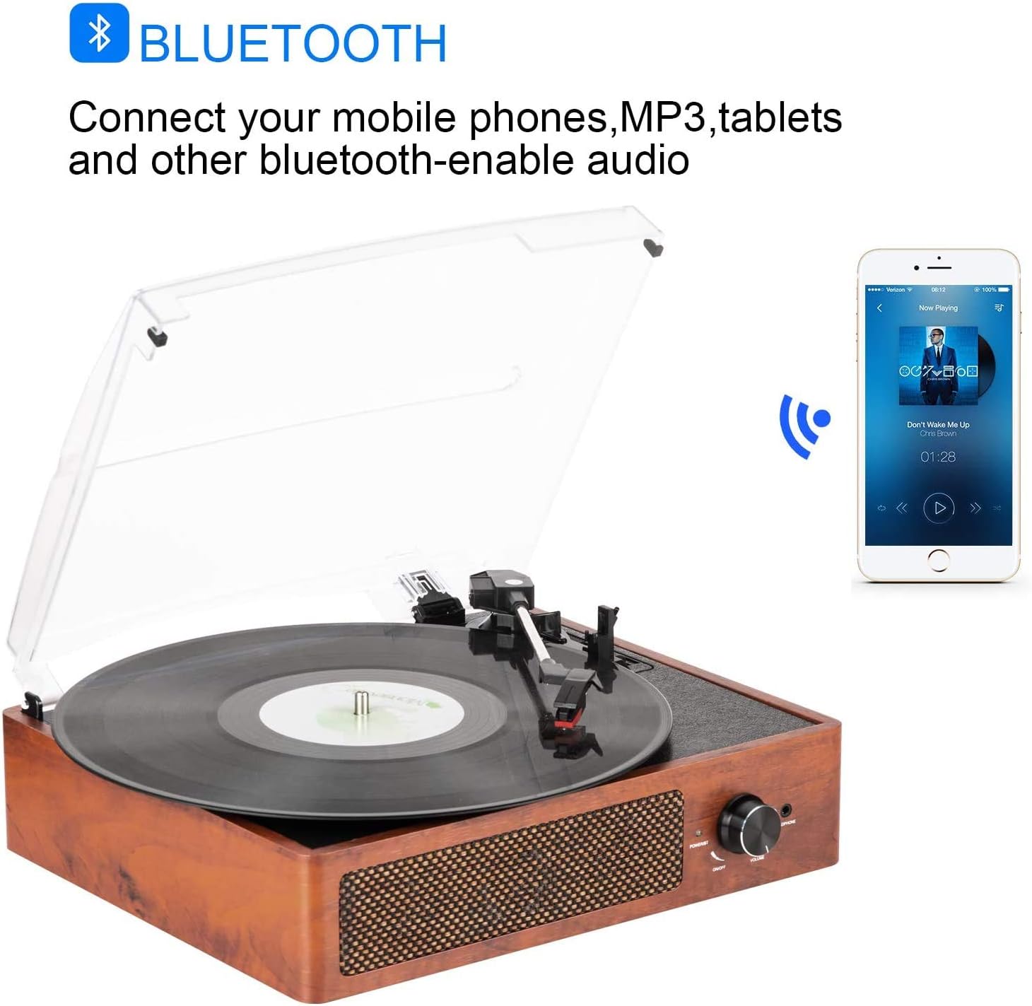 Bluetooth Record Player Belt-Driven 3-Speed Turntable, Vintage Vinyl Record Players Built-in Stereo Speakers, with Headphone Jack/Aux Input/RCA Line Out, Wooden (Orange)