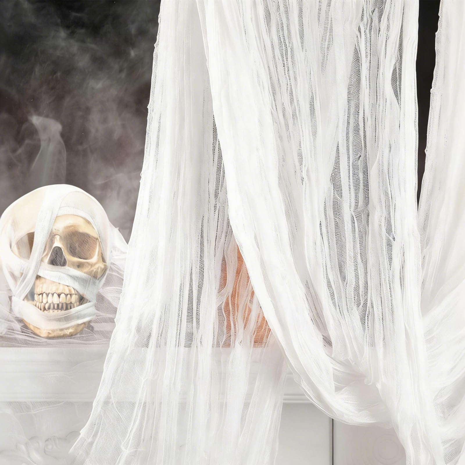 AUFUNEE Halloween Creepy Cloth 215x500cm, White Spooky Cloth Fabric Scary Gauze Decor Halloween Decorations Net Spooky Cheesecloth for Haunted House Party Table Doorway Wall Yard Window Indoor Outdoor