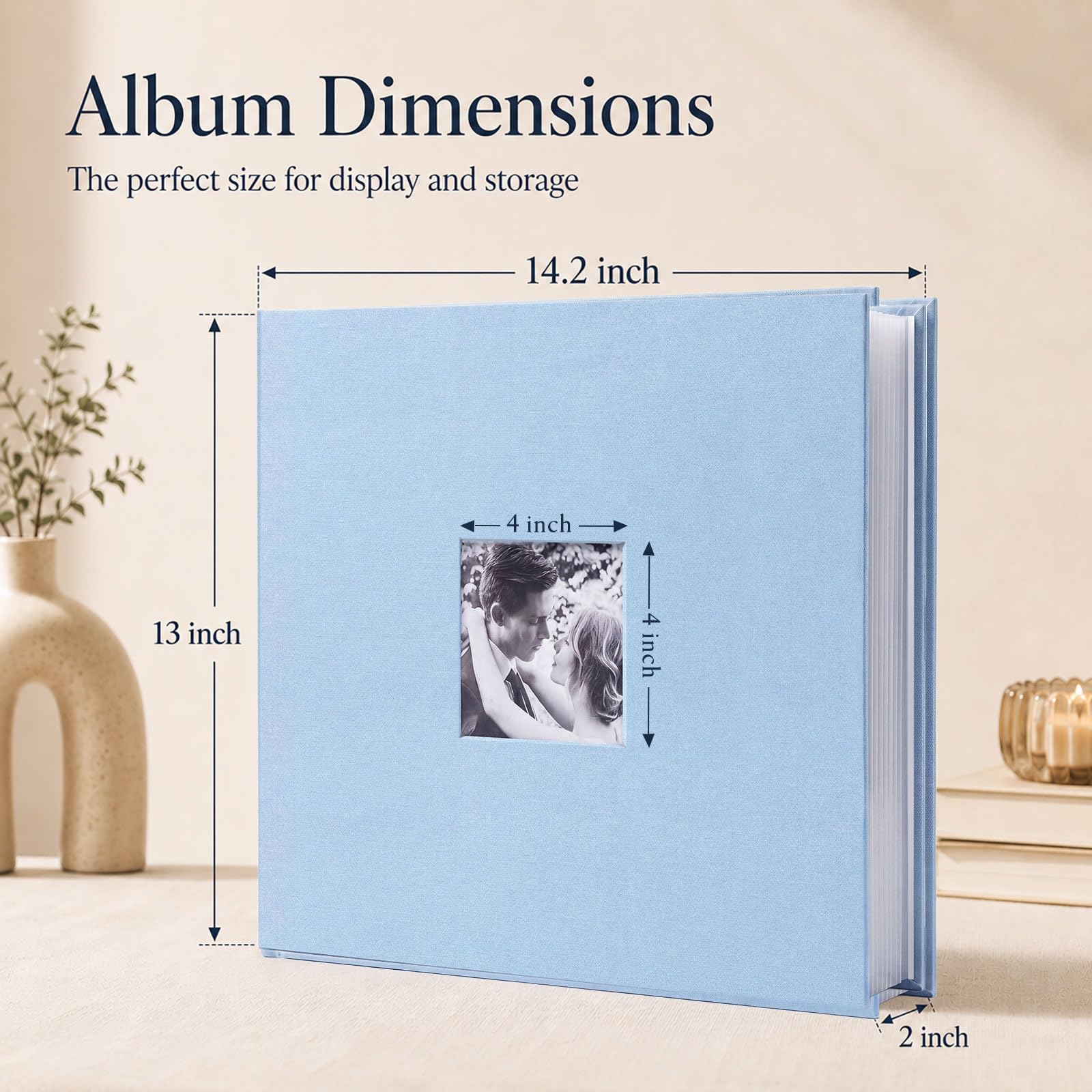 Grand album photo à 3 anneaux de 30,5 x 30,5 cm, couverture en lin avec 30 pochettes en plastique, 60 pages blanches pour mariage, couple, bébé, voyage, femmes, enfants (brouillard bleu)