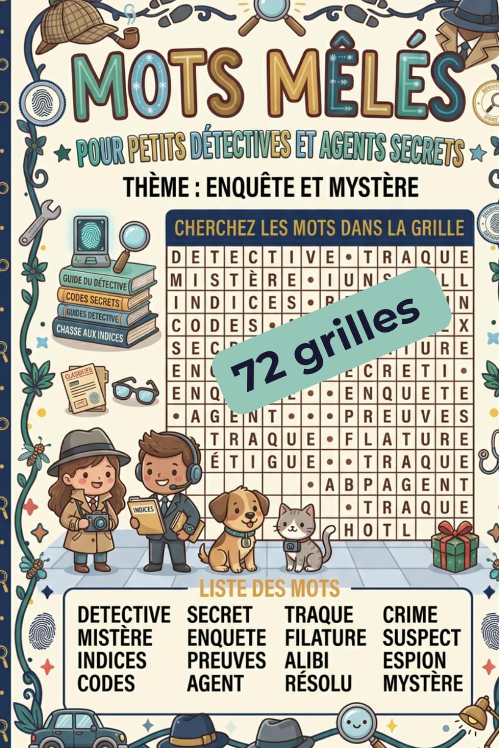 Mots mêlés Enquêtes et Mystères pour enfants: 72 grilles ludiques sur les détectives, les indices, les codes secrets, les trésors et les passages mystérieux