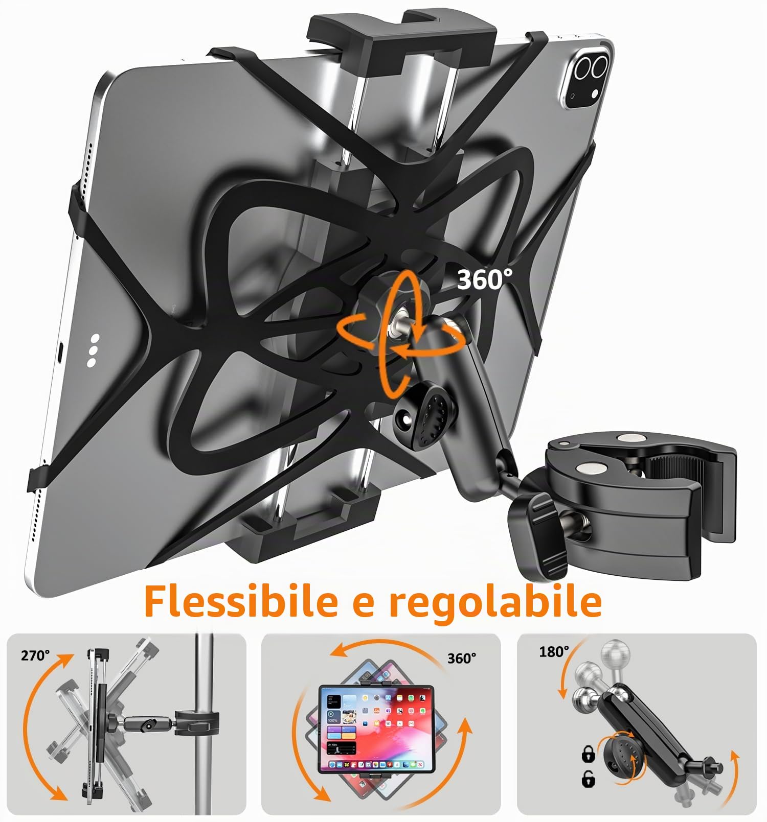Porta Tablet Manubrio Regolabile [Forte Stabilità e Durata] Supporto Tablet per Passeggino Bicicletta Scooter Barca, Morsetto Tubo Palo Asta per iPad Mini Air Pro, Kindle, Galaxy, Cellulare, 4-13"