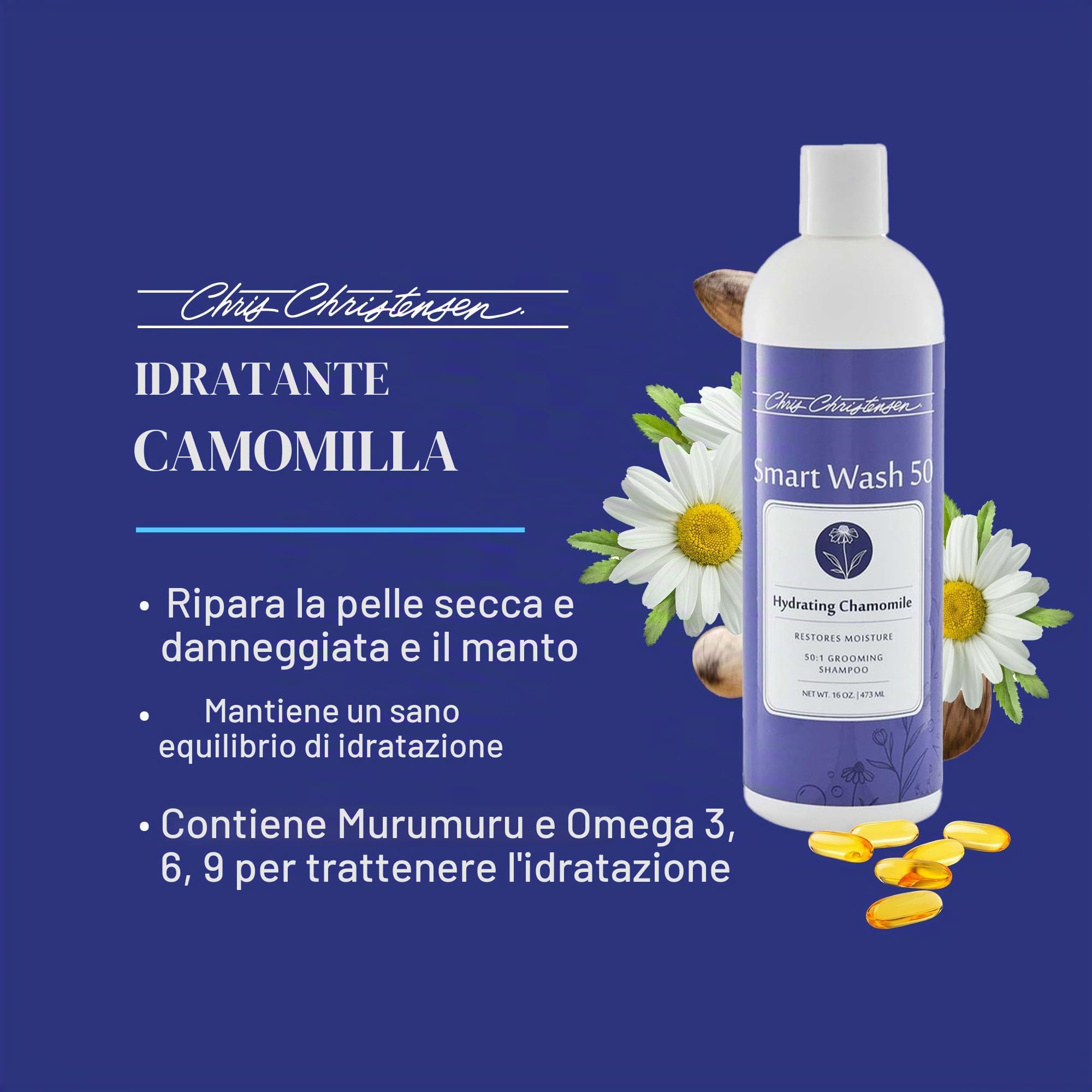 Chris Christensen SmartWash50 Shampoo alla Camomilla 3,8L – Shampoo Concentrato 50:1 per Cani e Gatti, Idratante per Pelli Sensibili, Adatto a Tutti i Tipi di Manto, Made in USA