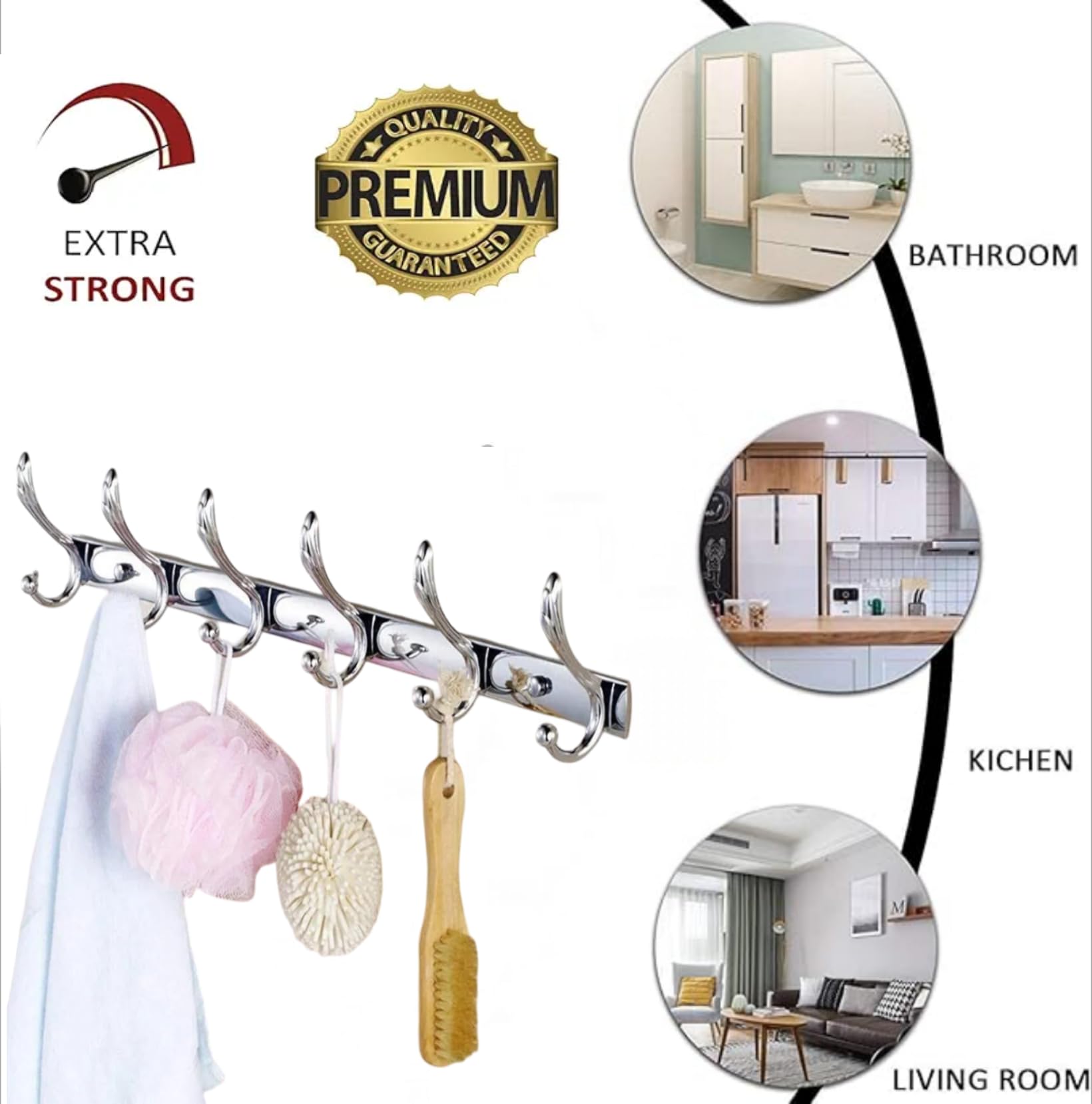 Excellent t Stainless Steel 12Pin Bathroom Cloth Hanger Door Wall Robe Hooks Rail for Hanging Keys, Clothes, Towel (40 Cms) (6 Pin Silver, Pack of 3) 4