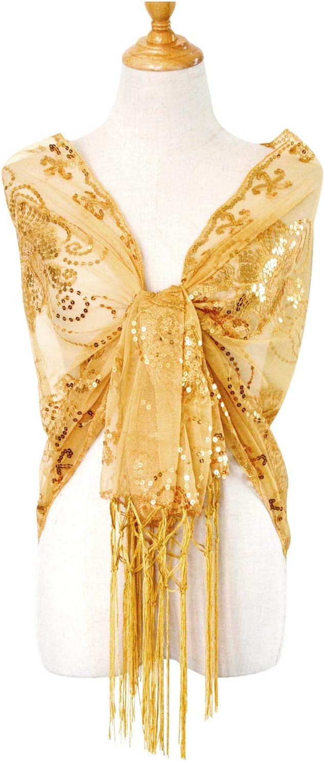 L'VOW Women's Glittering 1920s Scarf Mesh Sequin Wedding Cape Fringed Evening Shawl Wrap - Image 2