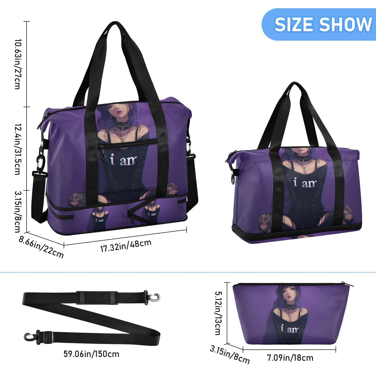 Cool Purple Punk Anime Girl Carry On Tote Bag with Wet Pocket Adjustable Strap Gym Tote Bag for Workout Wielofunkcyjna dla mężczyzn kobiet