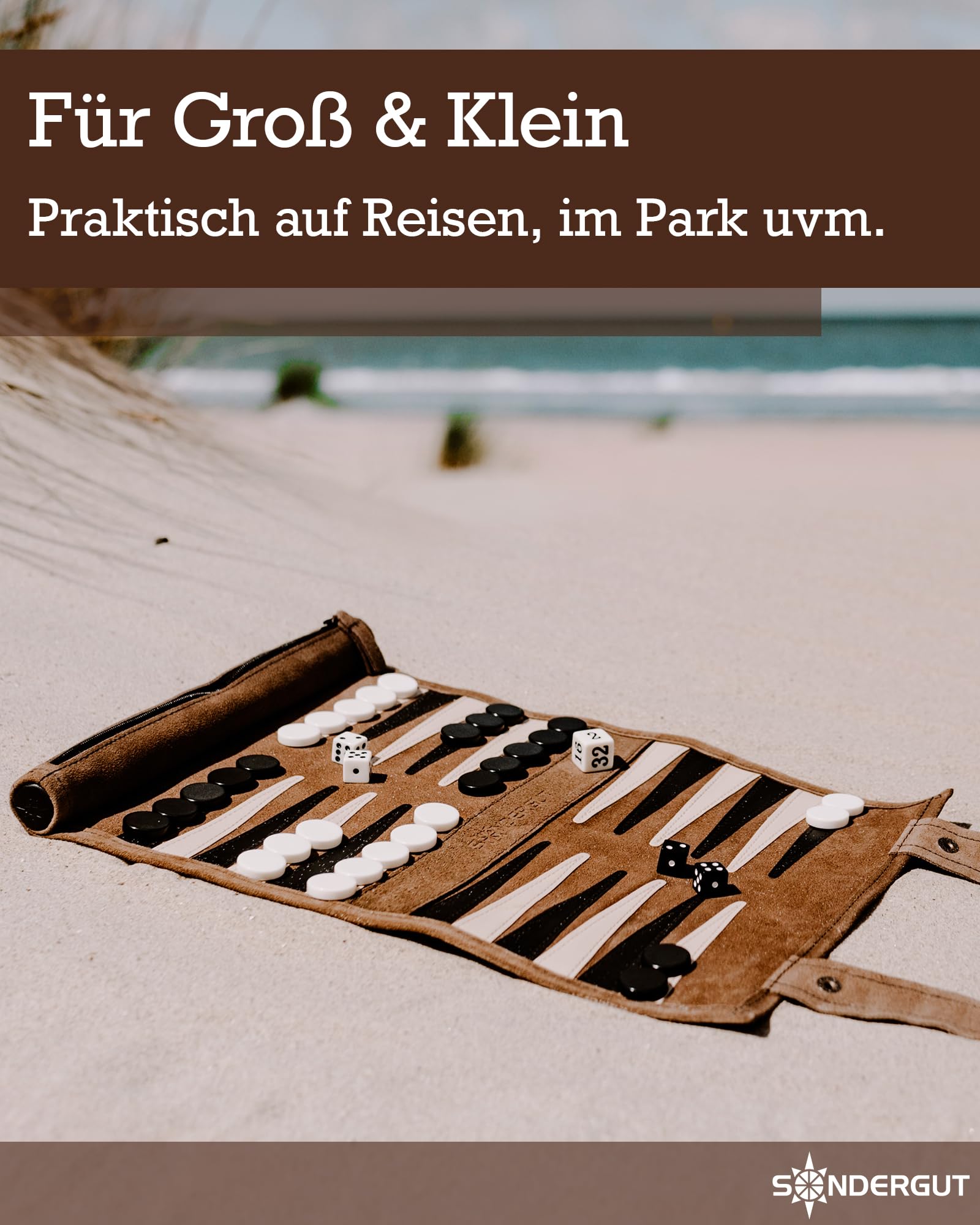Sondergut Backgammon Brettspiel Mocca - Zum Rollen aus 100% Leder - Das Original seit 1998 Camper & Travel-Fans - 25x34cm