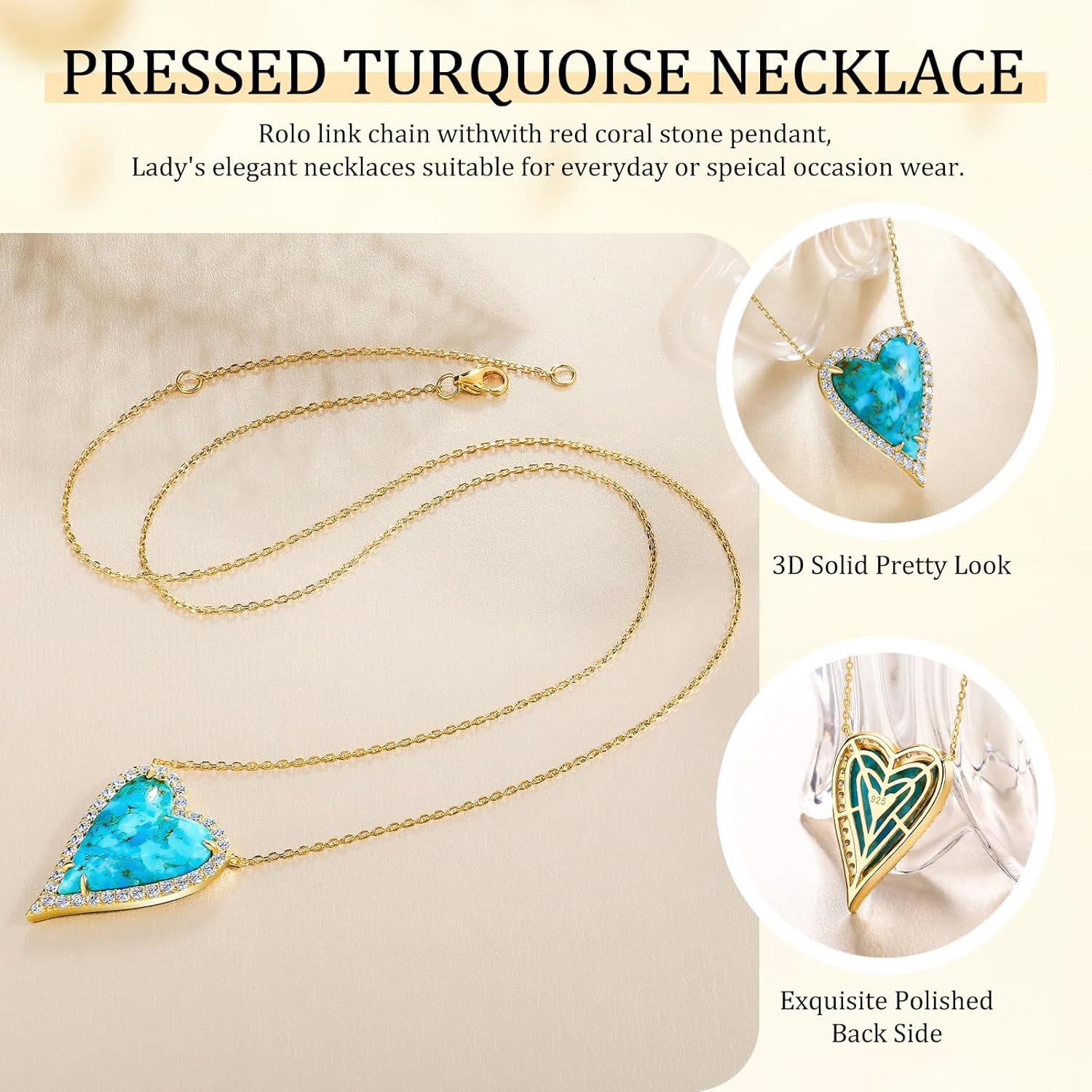 AIBAO 6-18 Cttw Genuine Turquoise/Red Coral/Lapis Lazuli/Malachite Halo Pendant for Women 925 Sterling Silver Paperclip Chain Necklace Western Jewelry - Image 5