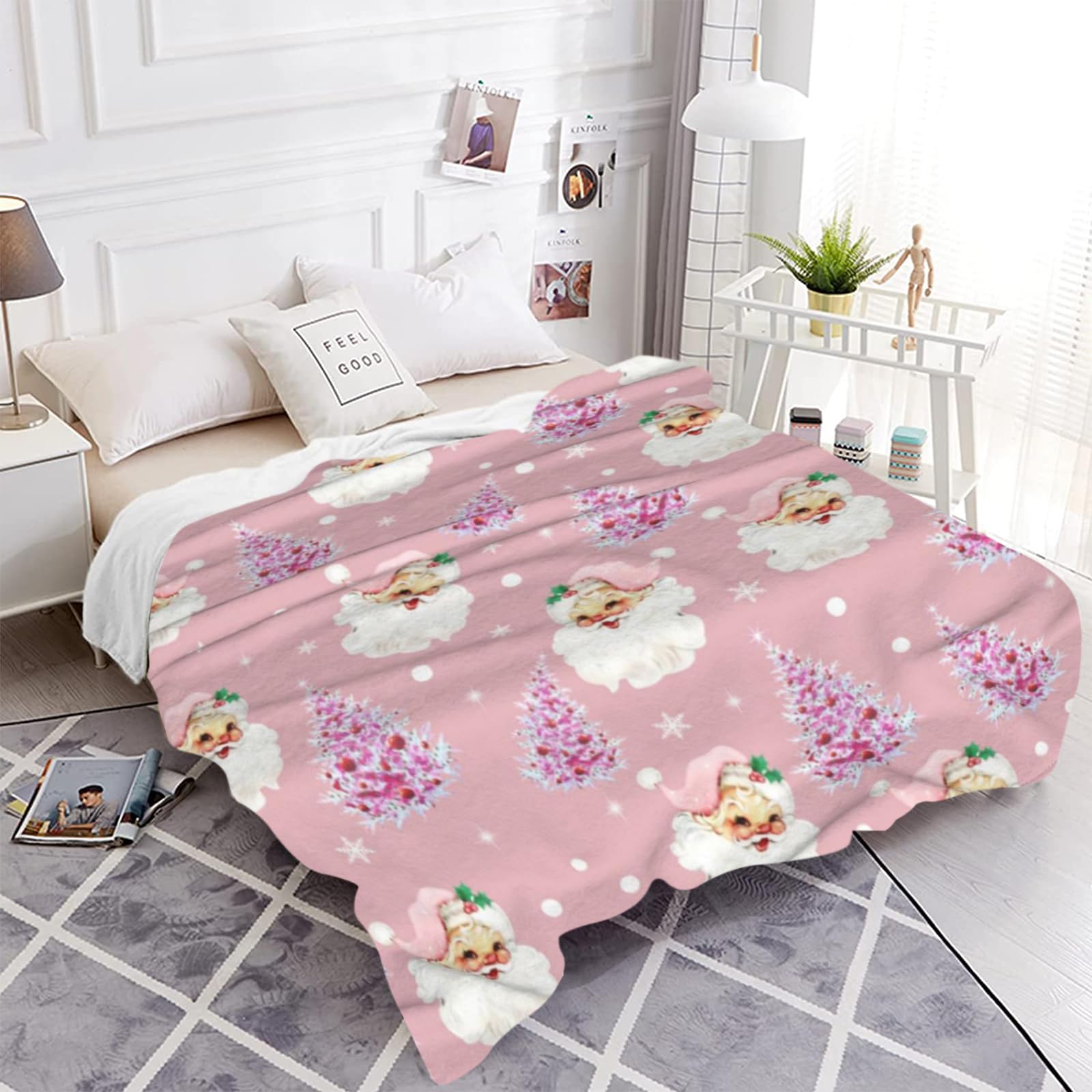 JOOCAR Pink Christmas Throw Blanket Santa Claus Merry Christmas Happy New Year Blanket Cozy Soft Lightweight Flannel Plush Blankets for Bed Couch Living Room Sofa Chair,40x50 Inch - Image 3