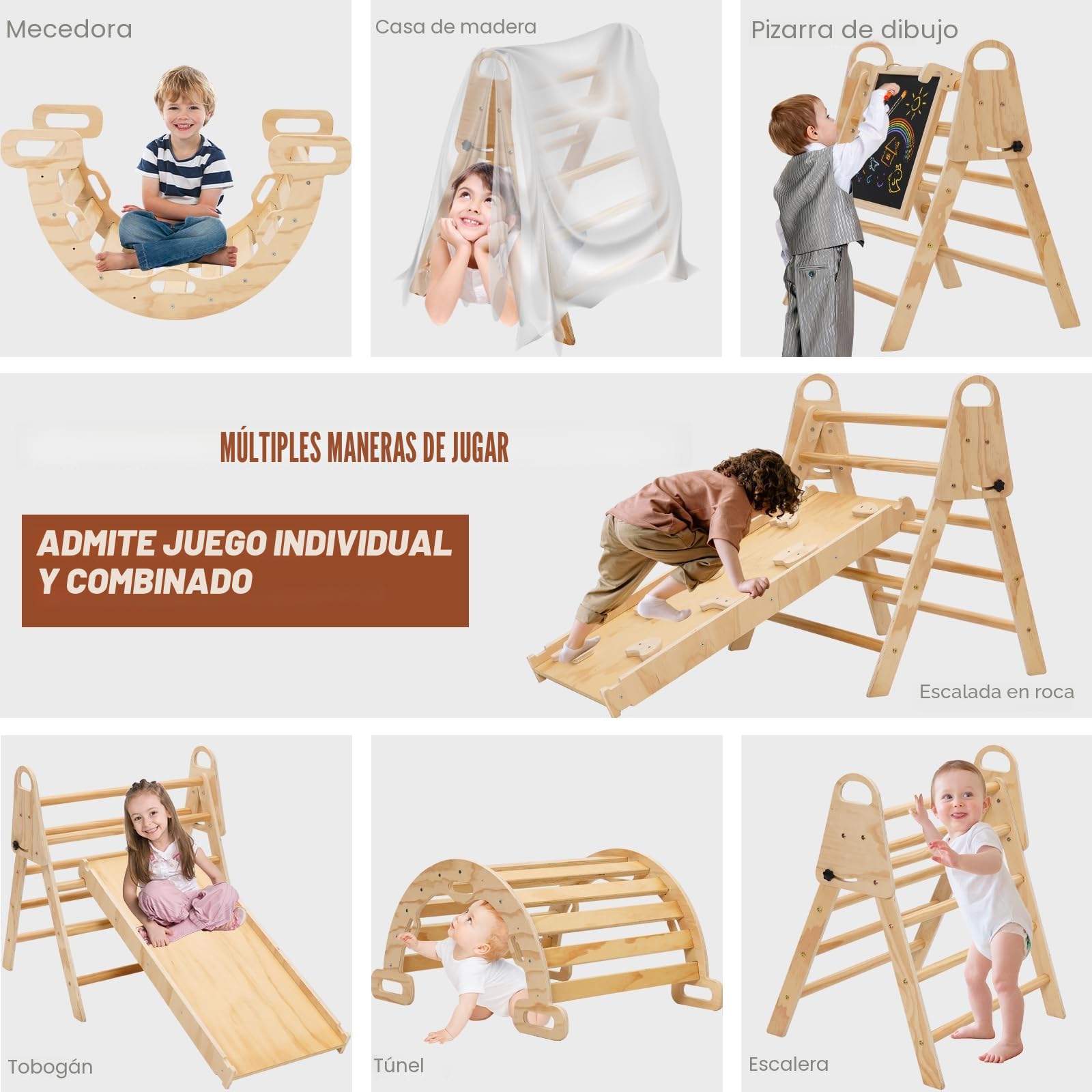 8en1 Madera Triangle Set Triángulo de Escalada Montessori de Interior con Arco Montessori Madera, Tobogán y Mini Tablero de Dibujo Infantil Parque de Escalada Montessori de 1 a 6 Años