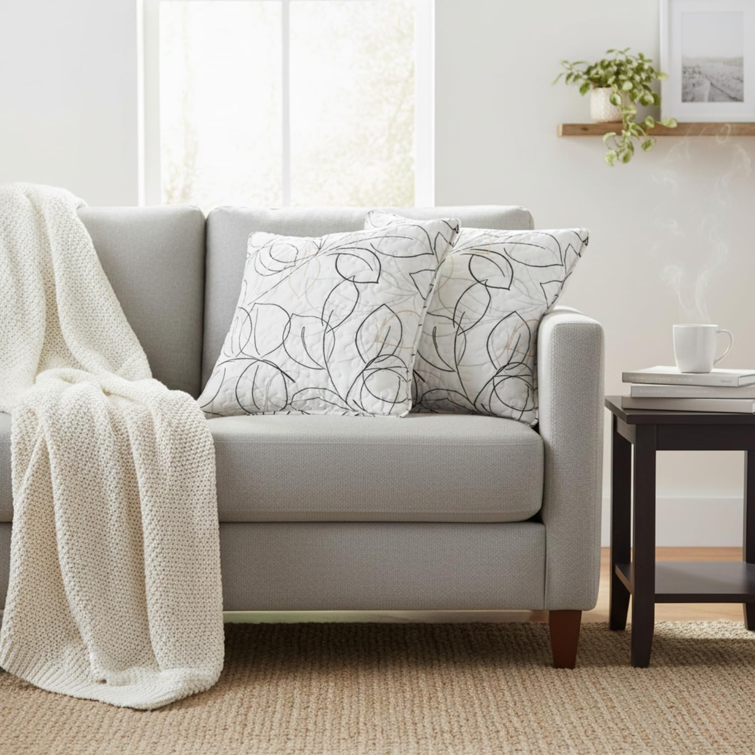 Tache Modern Abstract Floral Throw Pillow Cover Leaf Minimalist Line Art White Black Grey Gold Quilted Square Sham Pillow Cushion Covers, 2-Pack, 18x18