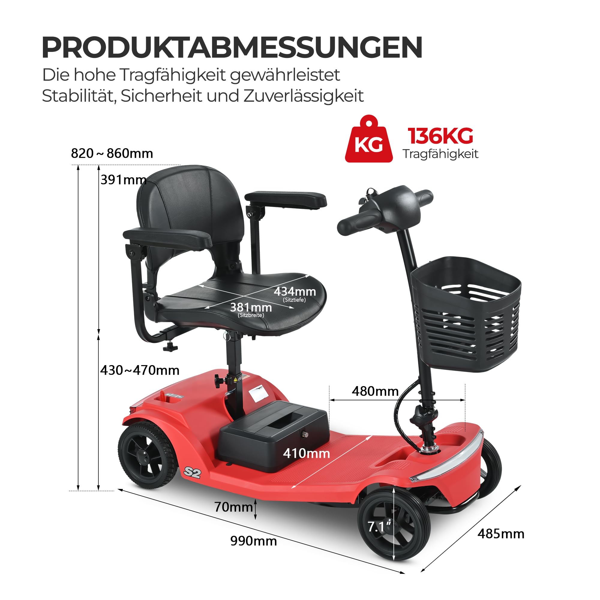 Mobility Scooter elettrico pieghevole per anziani e anziani, portata 15 km, batteria rimovibile da 12 Ah, portata 136 kg, motore da 250 W + porta USB (rosso)