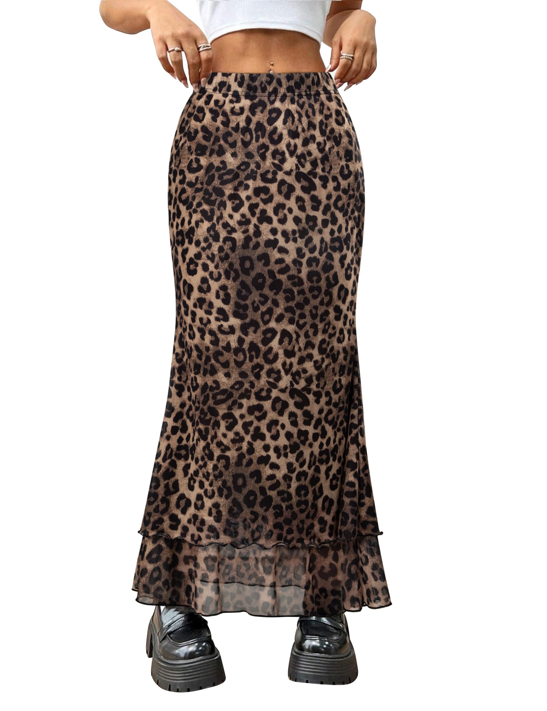Women Maxi Skirt Ditsy Floral Mesh Skirt Summer Flowy Boho Elastic High Waisted Long Skirts Fashion Trendy