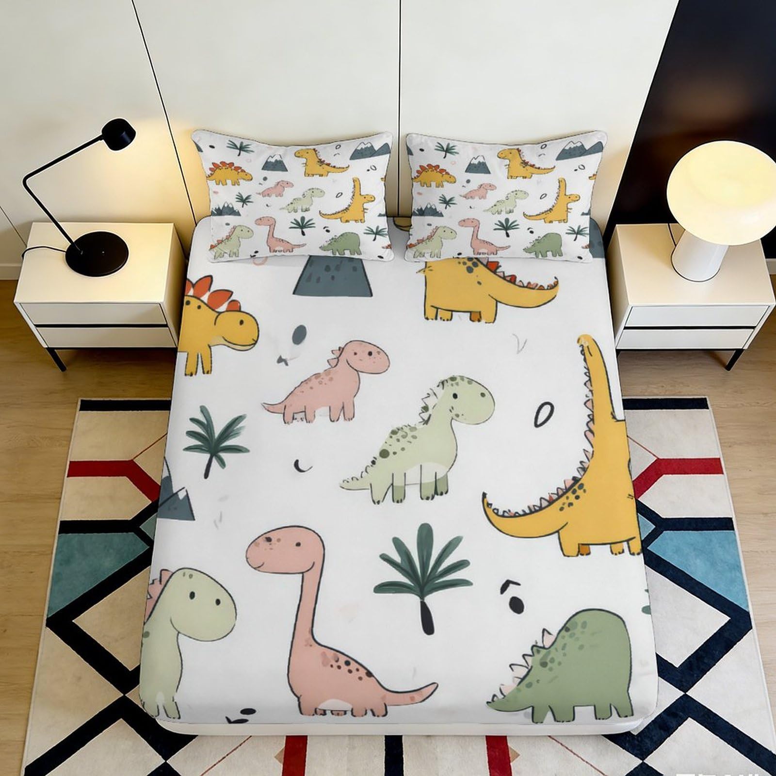 3D Printed Cartoon Dinosaur Fitted Sheet Microfiber Soft Breathable Jungle Animal Bed Cover for Bedroom Guestroom Decor 90x200x25cm