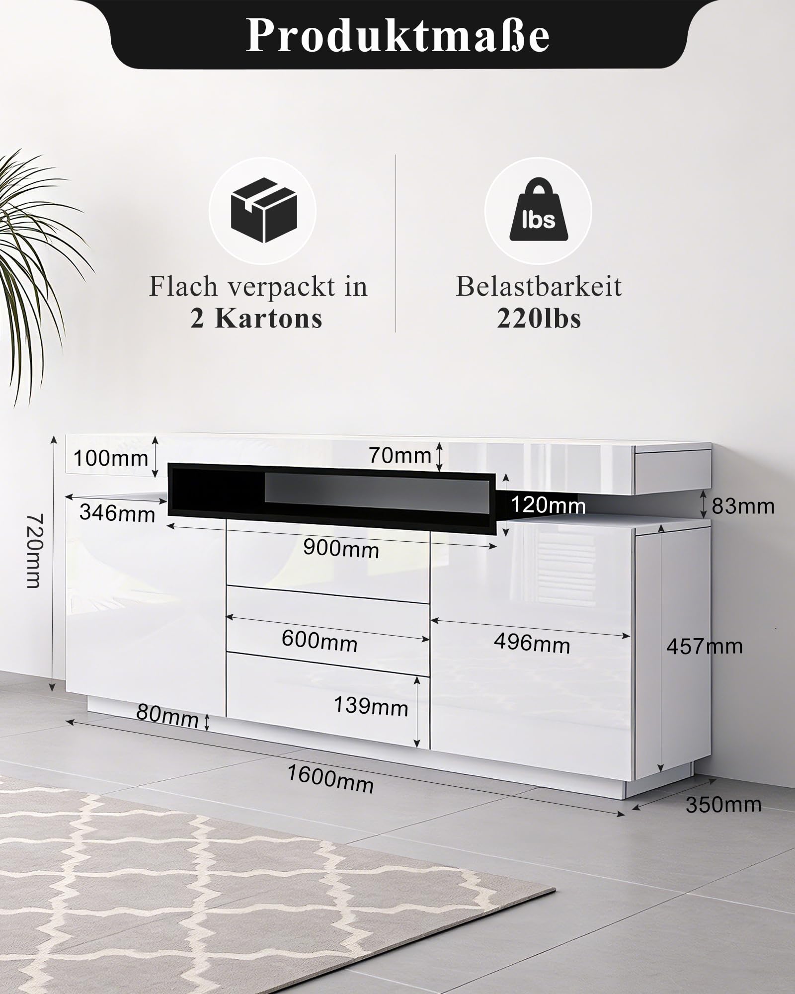 Modernes Weiß Glanz Sideboard, LED Sideboard Aufbewahrungsschrank, 160 x 35 x 72 cm, Wohnzimmer, 2 Türen, 3 Schubladen, TV-Einheit