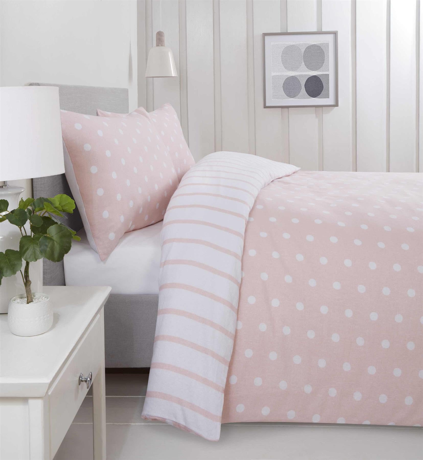 Rapport Home 180 Threadcount Spots & Stripes Brushed Microfibre Duvet Cover Set Single Blush, Pink - Image 2