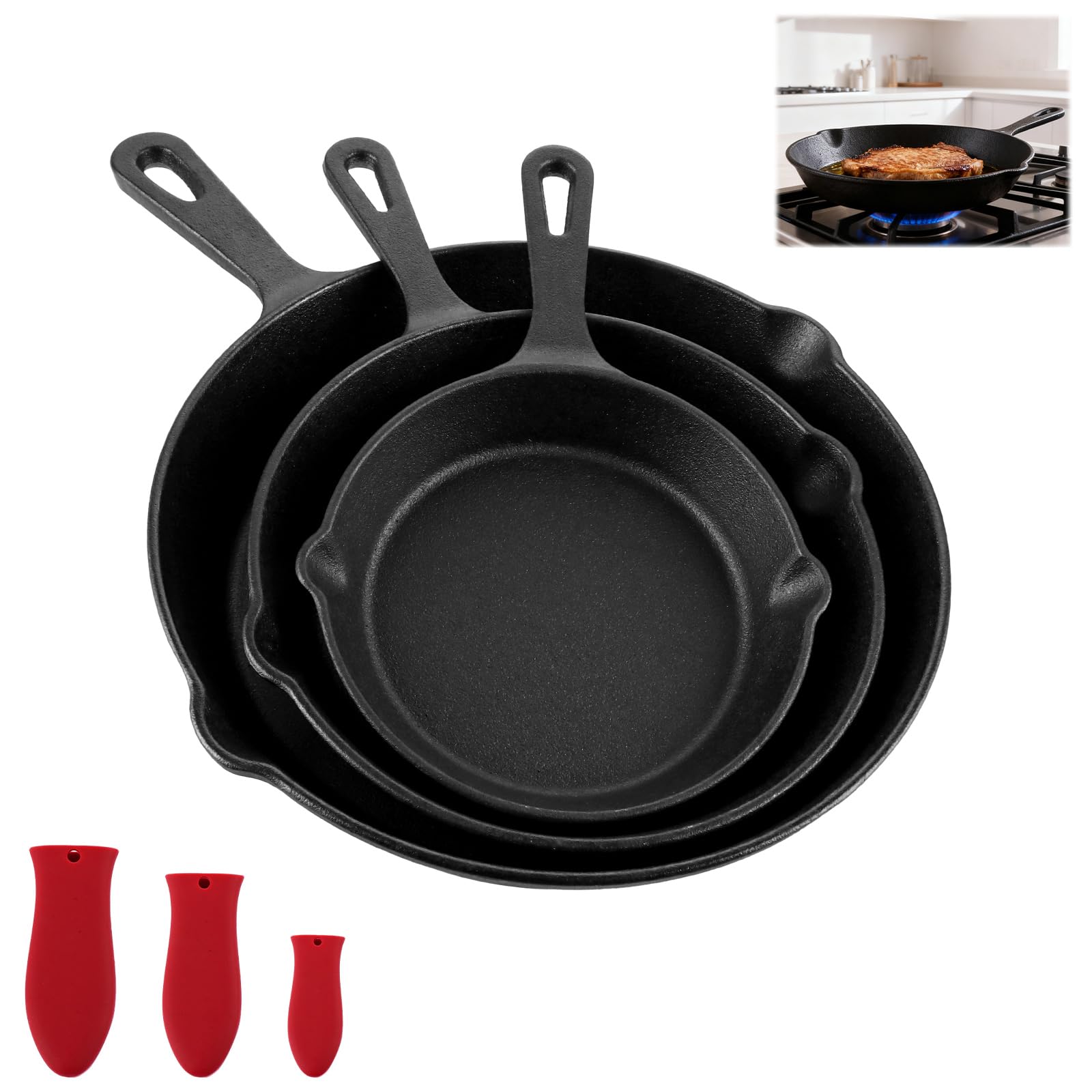 3 padelle in ghisa con manico, in ghisa a induzione, 16/20/25 cm, per barbecue a gas, forno a carbone, 3 protezioni in vera pelle