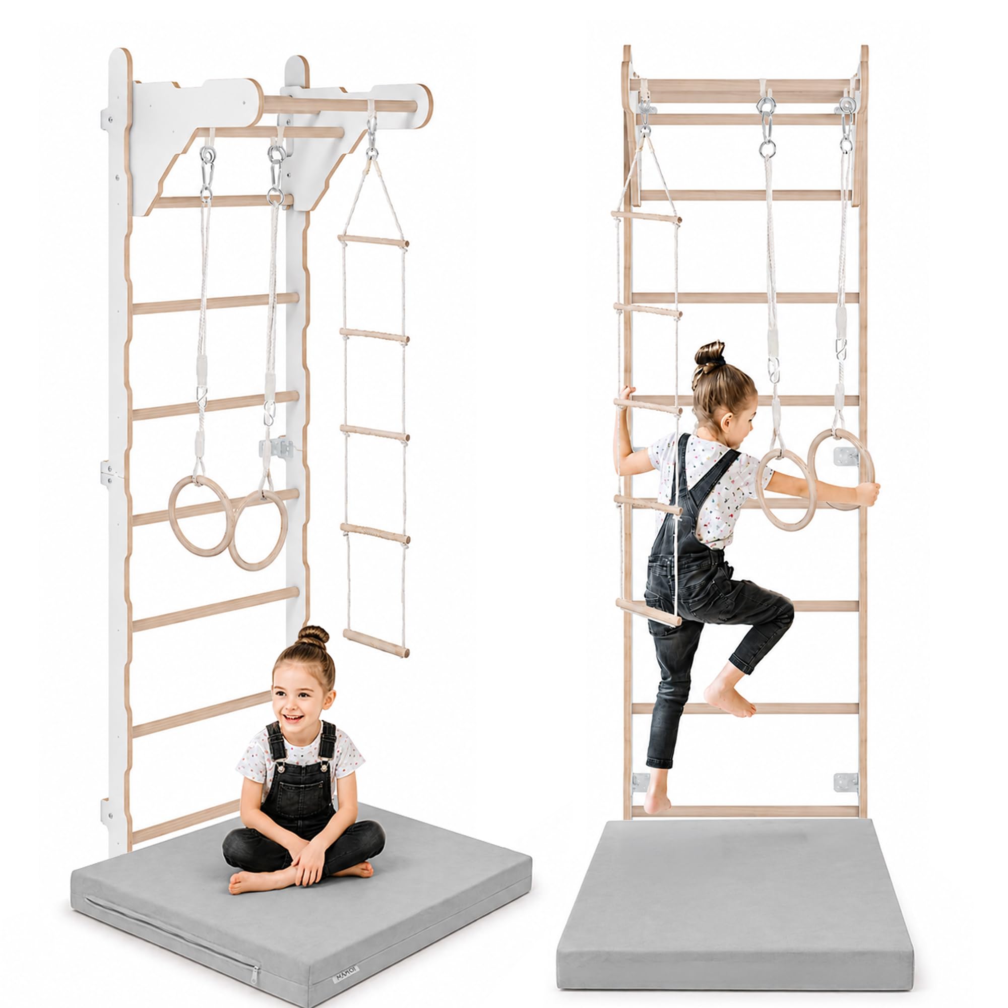 Gymnastik-Sprossenwand für Kinder (210 cm) | Wandmontierte Trainingsleiter | Strickleiter für Kinder |Holz-Spielplatz für Zuhause | Turnringe | 100% Öko | Hergestellt in der EU