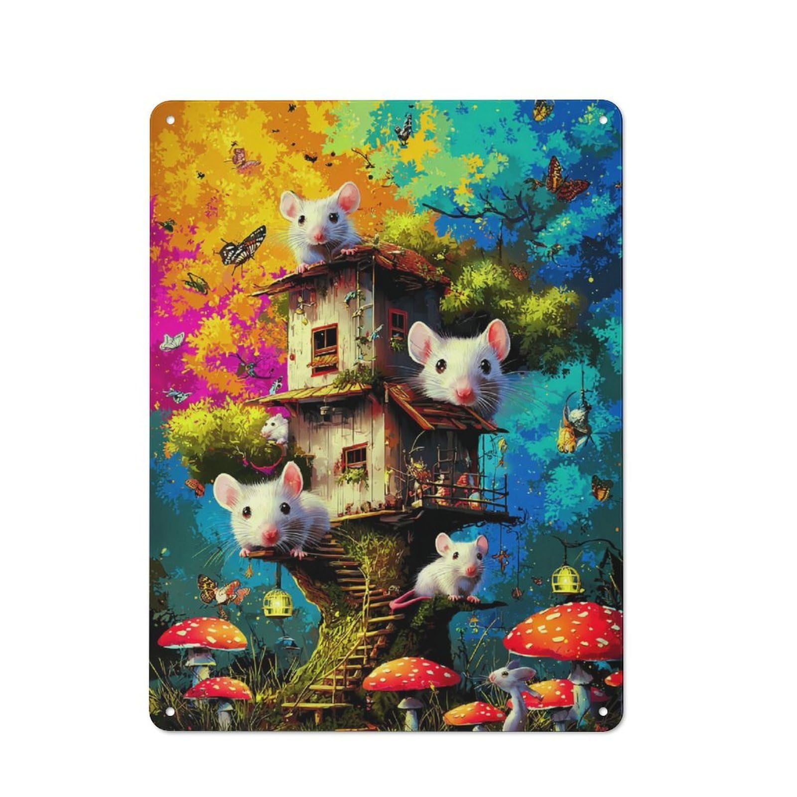 Junmoney Whimsical Treehouse With Mice And Mushrooms - 1 Rustic Tin Sign 40X30cm For Garden Room Or Summerhouse, New-Space Wall Decor For Garden Room Decor Fans