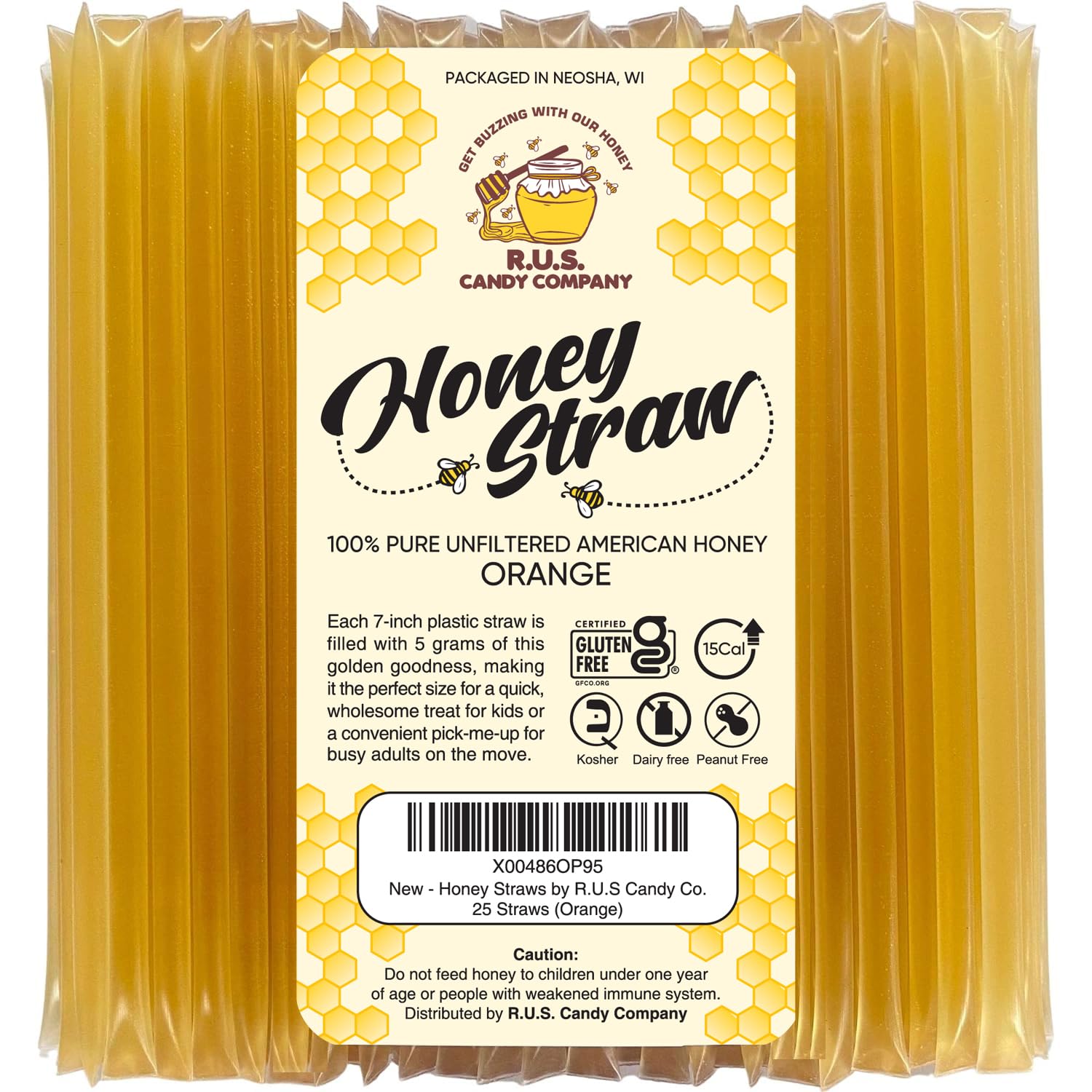 25 Pack Honey Sticks For Tea, Snacking, Honey Packets Single Serve Stir Sticks, Natural Flavor by R.U.S Candy Company- Honey Straws (Orange)