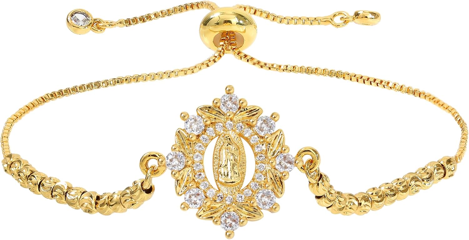 Virgen De Guadalupe Bracelet - Our Lady of Guadalupe Bracelet, Rosary Virgin Mary Bracelets Copper Plated with Real Gold Adjustable Link Jewelry Gift for Men Women