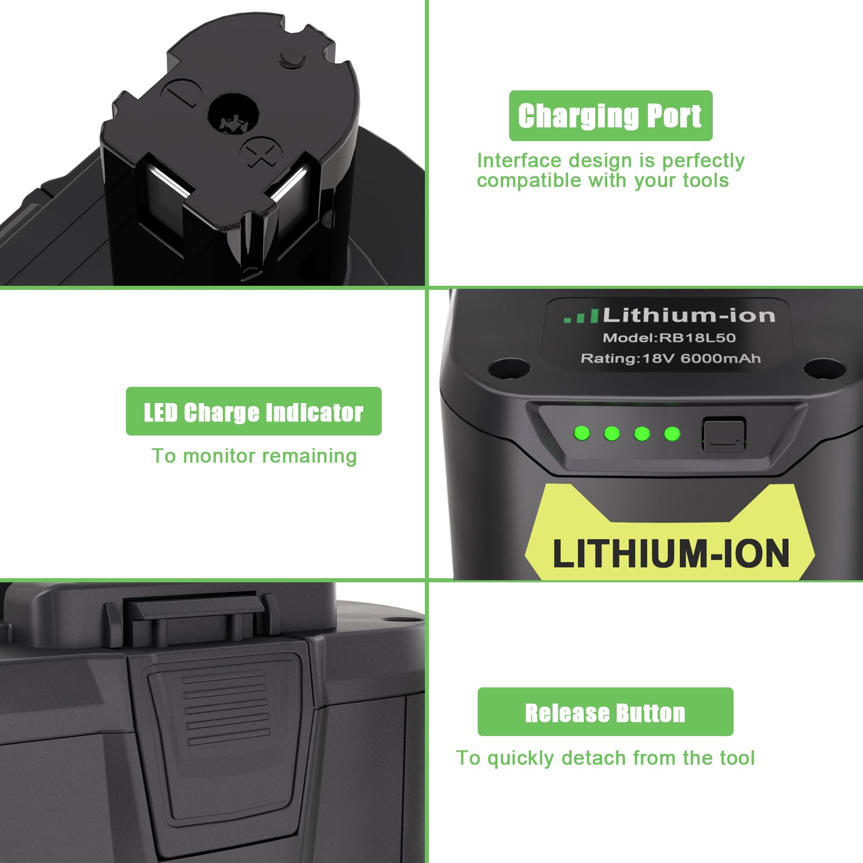 Paquete de 2 baterías de 18 V 6.0 Ah para batería Ryobi de 18 V, batería de litio de 18 V, compatible con batería Ryobi de 18 V, P197, P102, P108, P190, P103, P104, P105, P107, P109, 18 V,