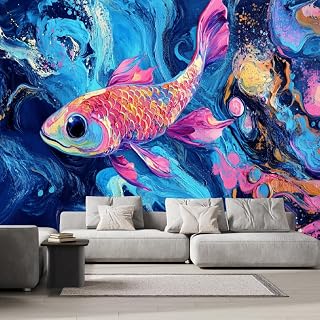 Colorful Carp Wall Mural 59" W x 42" H, Abstract Oil Painting Peel and Stick Self-Adhesive Wallpaper Removable Large Photo Sticker TV Background Wall Decor for Living Room Bedroom