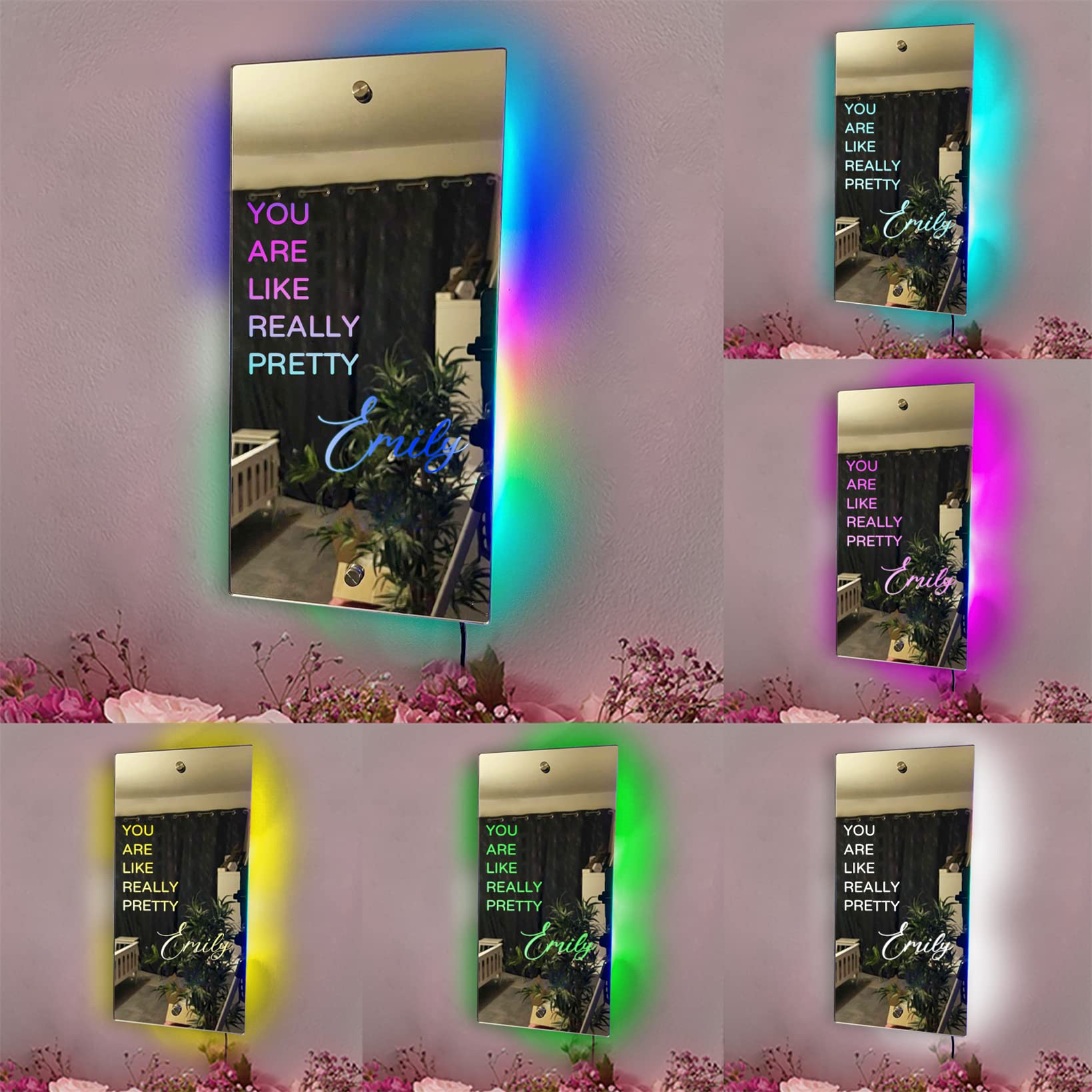 Collienght Espejo de afirmaciones personalizadas con luces LED You Are Like Really Pretty Espejo acrílico Espejo de pared para dormitorio, decoración de pared inspiradora para niño, niña, amigo,