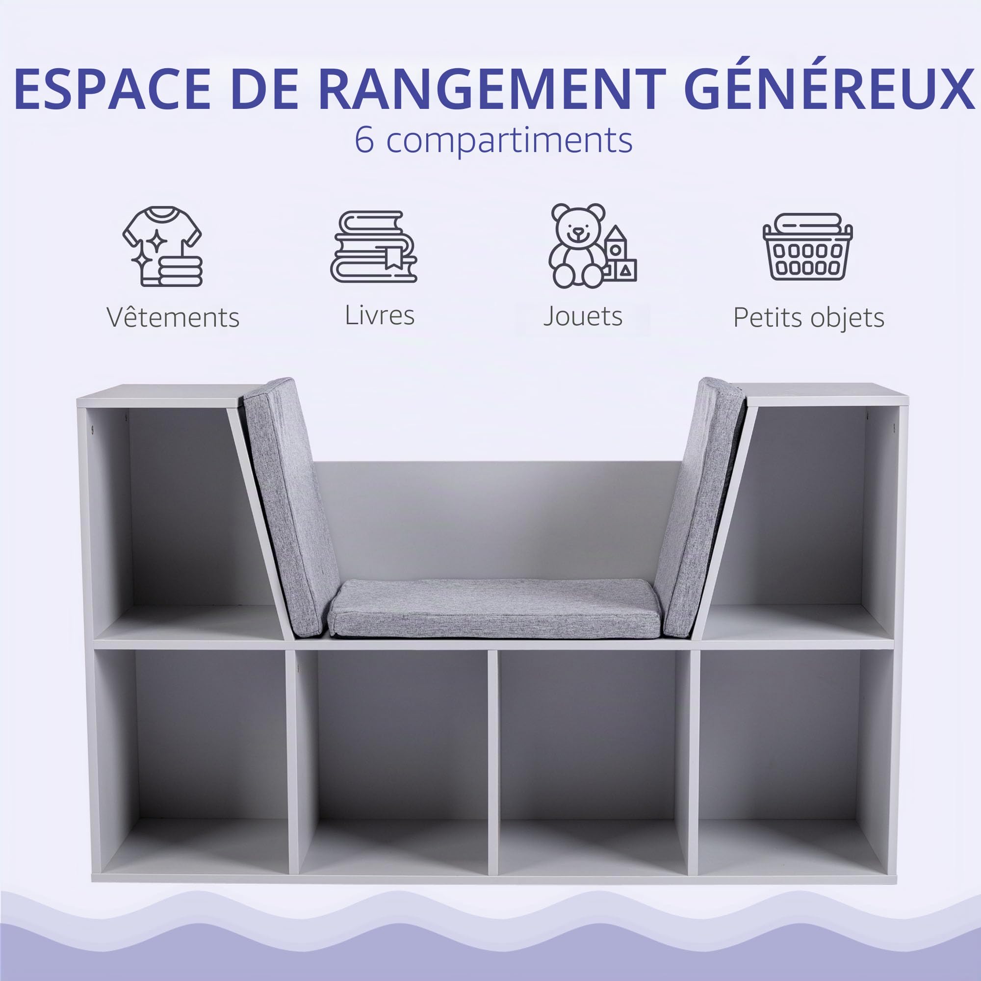 HOMCOM Bibliothèque Enfant avec Banc 6 étagères 103x30x62cm Gris