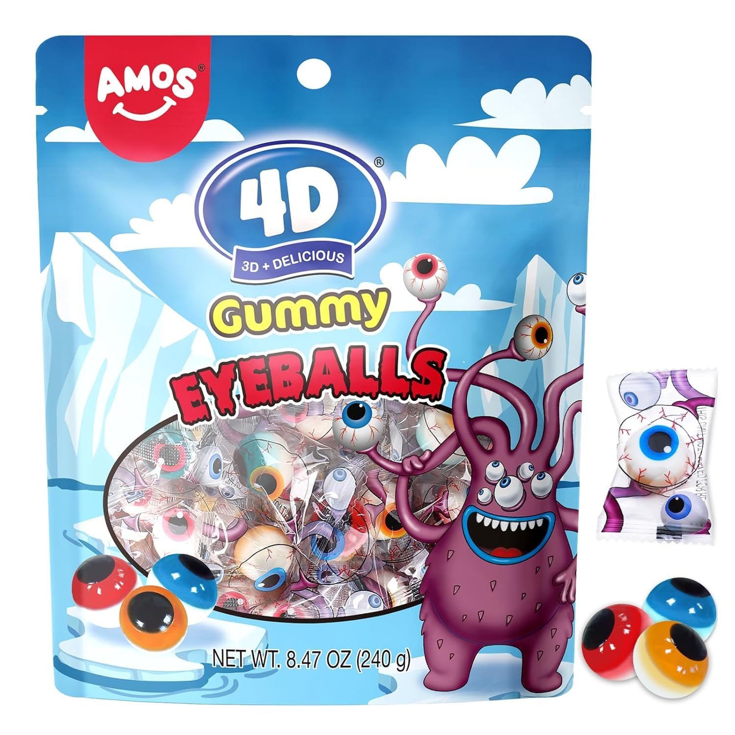 AMOS4D Gummy Eyeball Candy, Individually Wrapped 3D Eyeballs Shaped, Perfect Treat for Kids Halloween Parties Gift(40 Count)