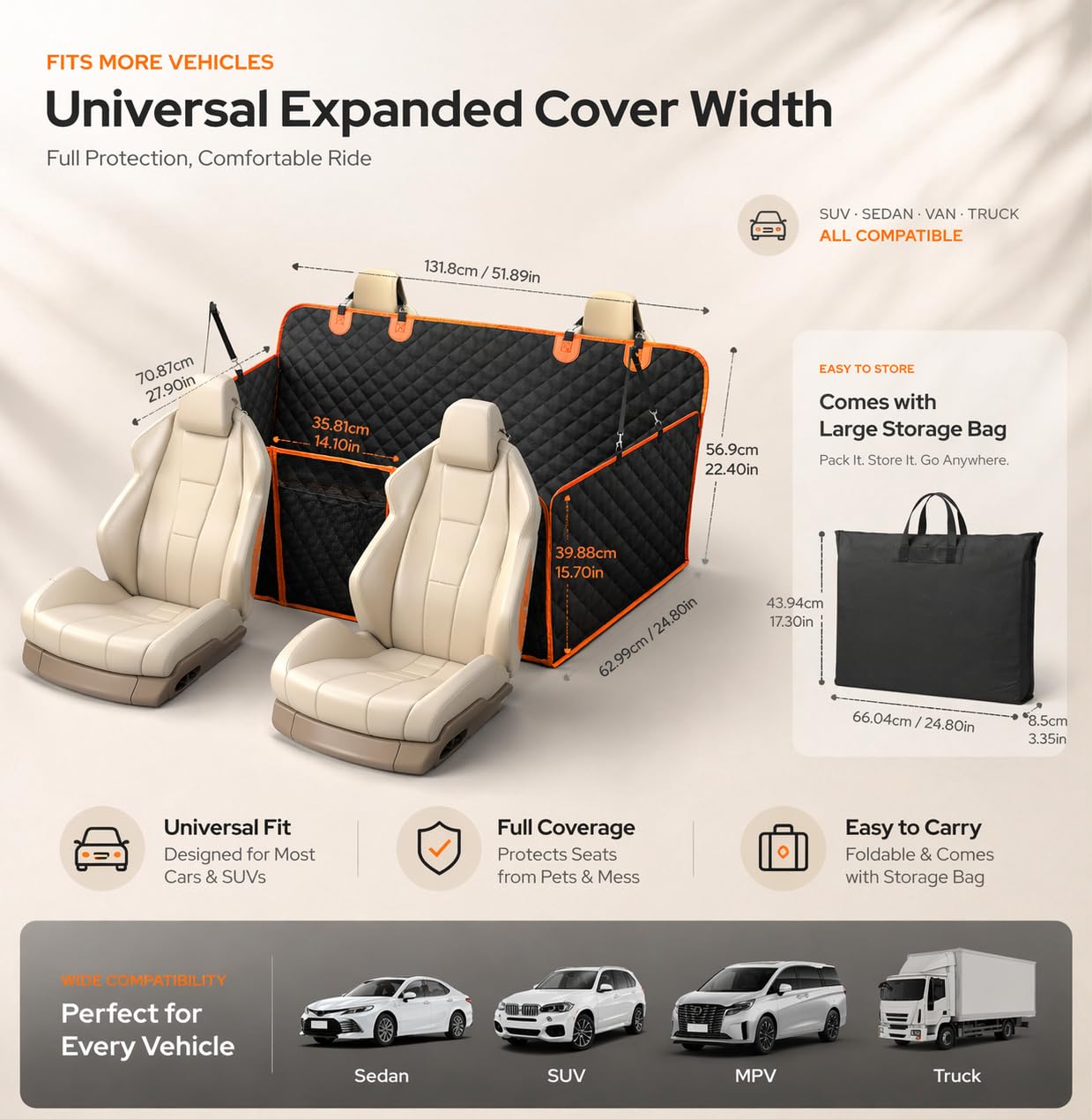 Euqvunn Manta para Perro de Auto (131.8 * 62.99 cm), [Tamaño Ancho & Clip Metálico] Protector de Maletero, Asiento Impermeable para Perro, Hamaca Universal para Todos los Autos y SUVs