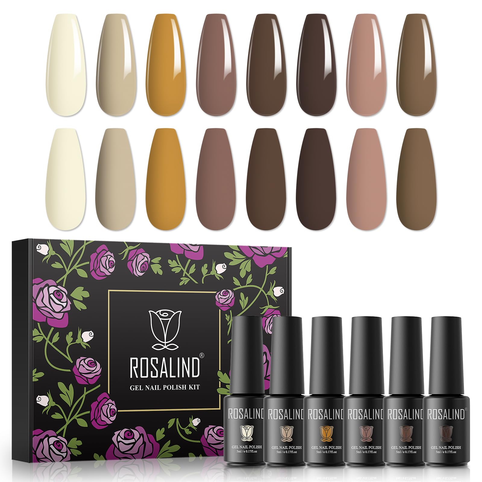 ROSALIND Esmaltes Semipermanentes para Uñas, 8 Color Marrón Blanco Desnudo Pintauñas Semipermanentes, 5ml UV Gel de Uñas Semipermanente, Set Manicura, Gel Nail Polish 8Pcs