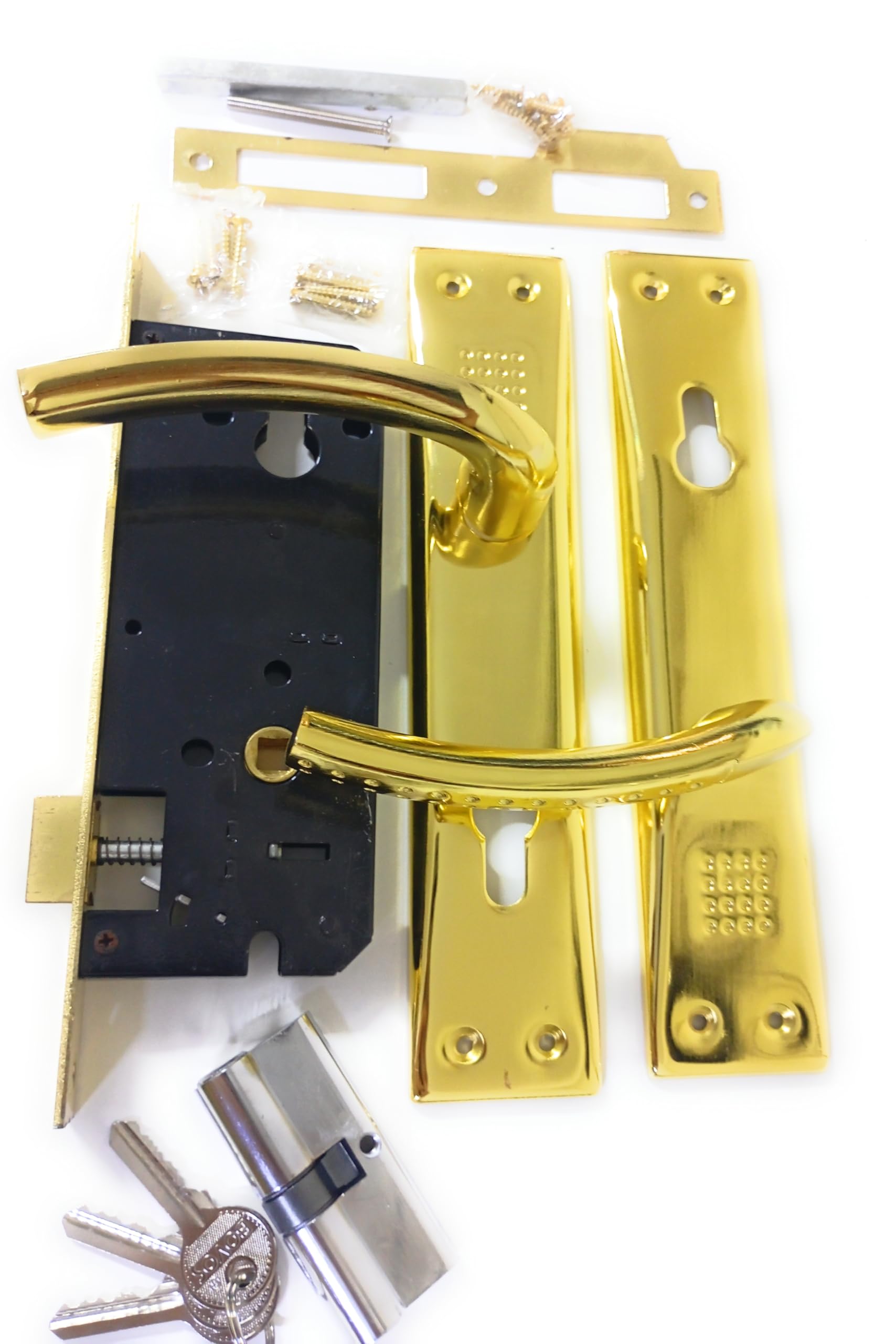 Premium Door Handle Set with Lock, Polished Brass Finish, Complete Hardware Kit with Keys and Mounting Accessories