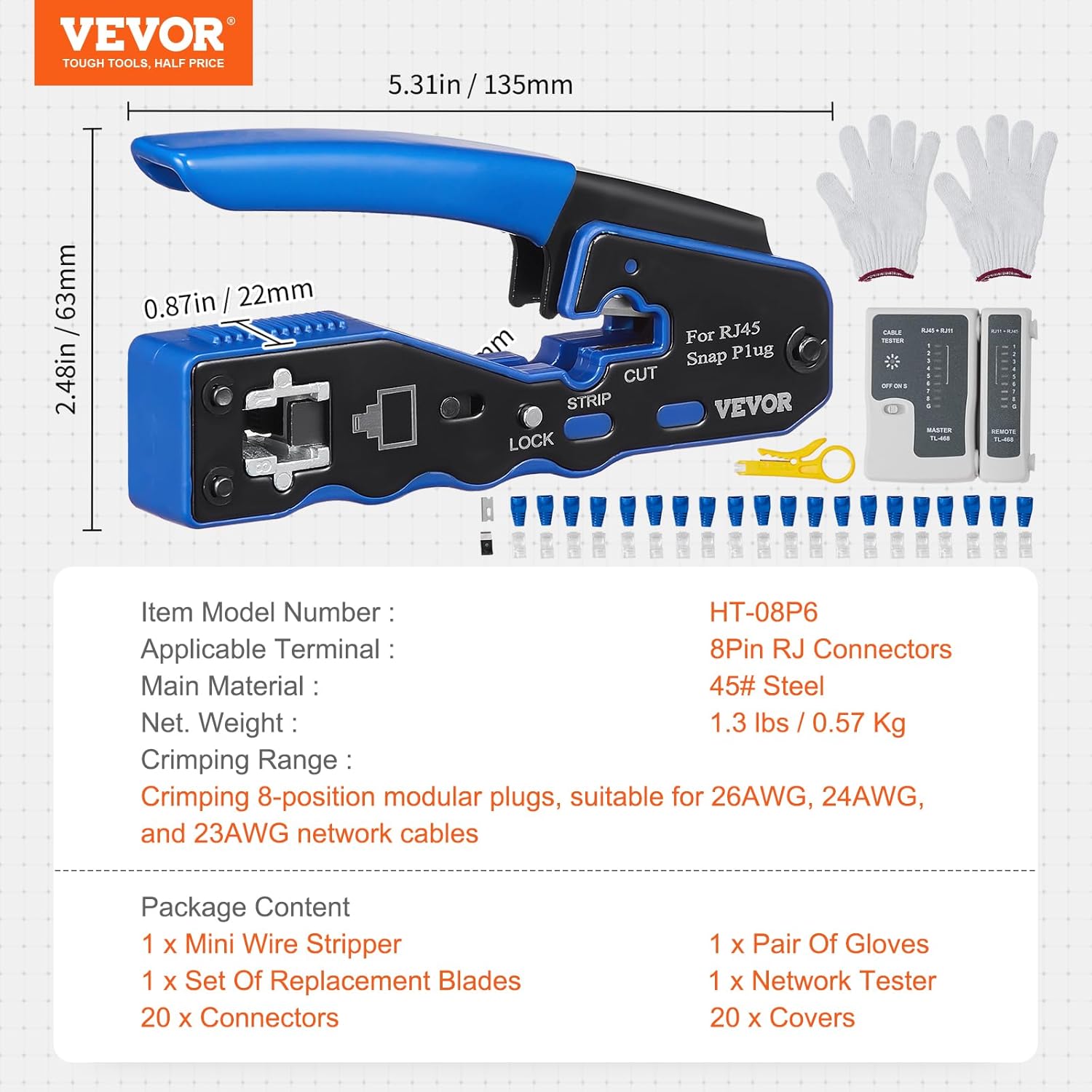Diagram showing VEVOR RJ45 Crimp Tool Kit package contents and dimensions.