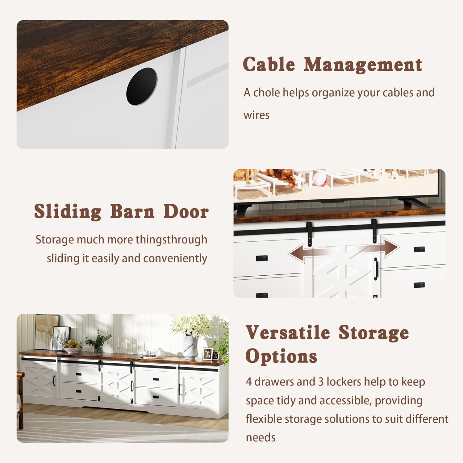 98" Farmhouse TV Stand for 100+ Inch TVs Entertainment Center with Storage Cabinets Large Mid Century Modern Media Console Table TV Cabinet for Living Room,Bedroom,White and Brown