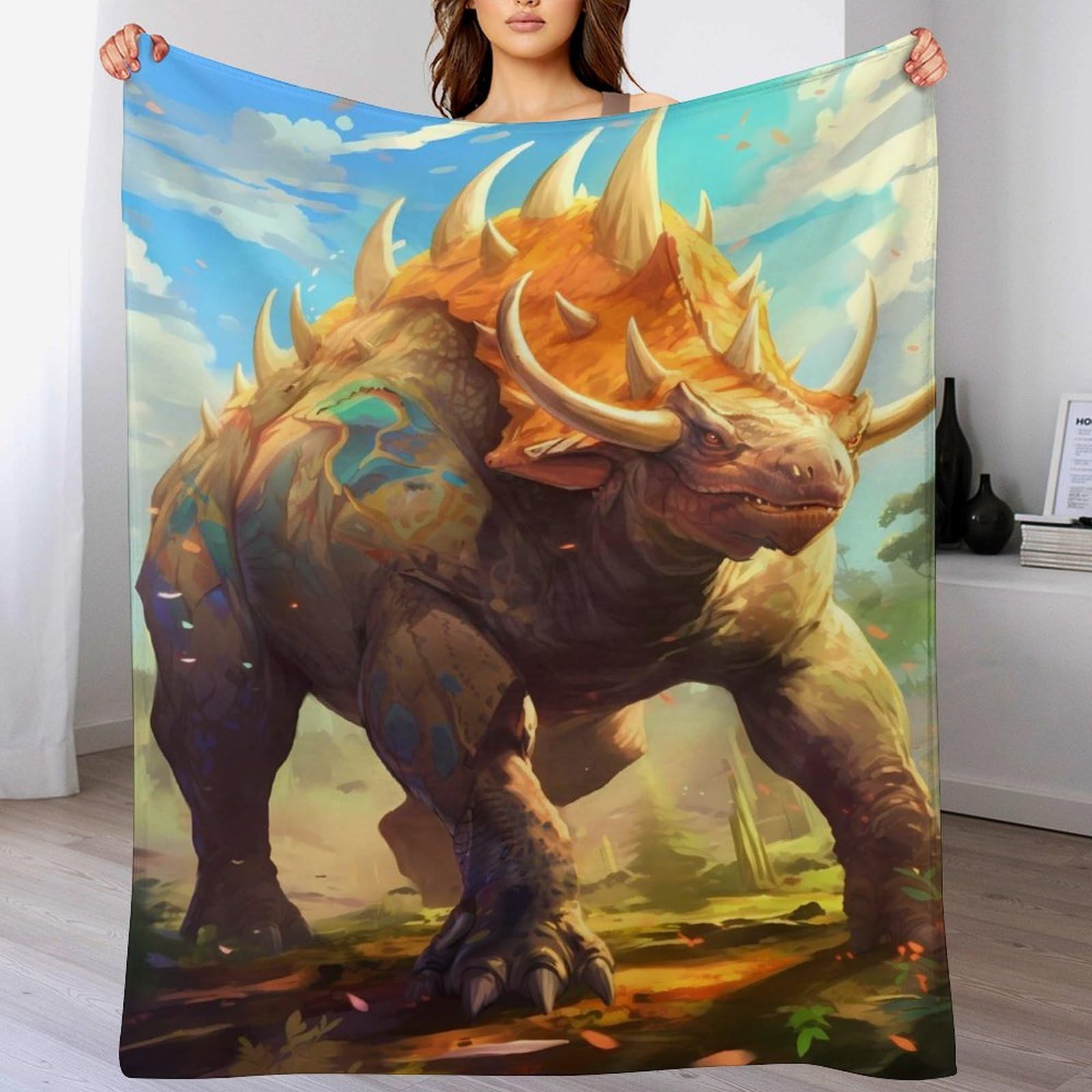 Couverture dinosaure triceratops plaid douillet cadeau ideal pour lit et voyage