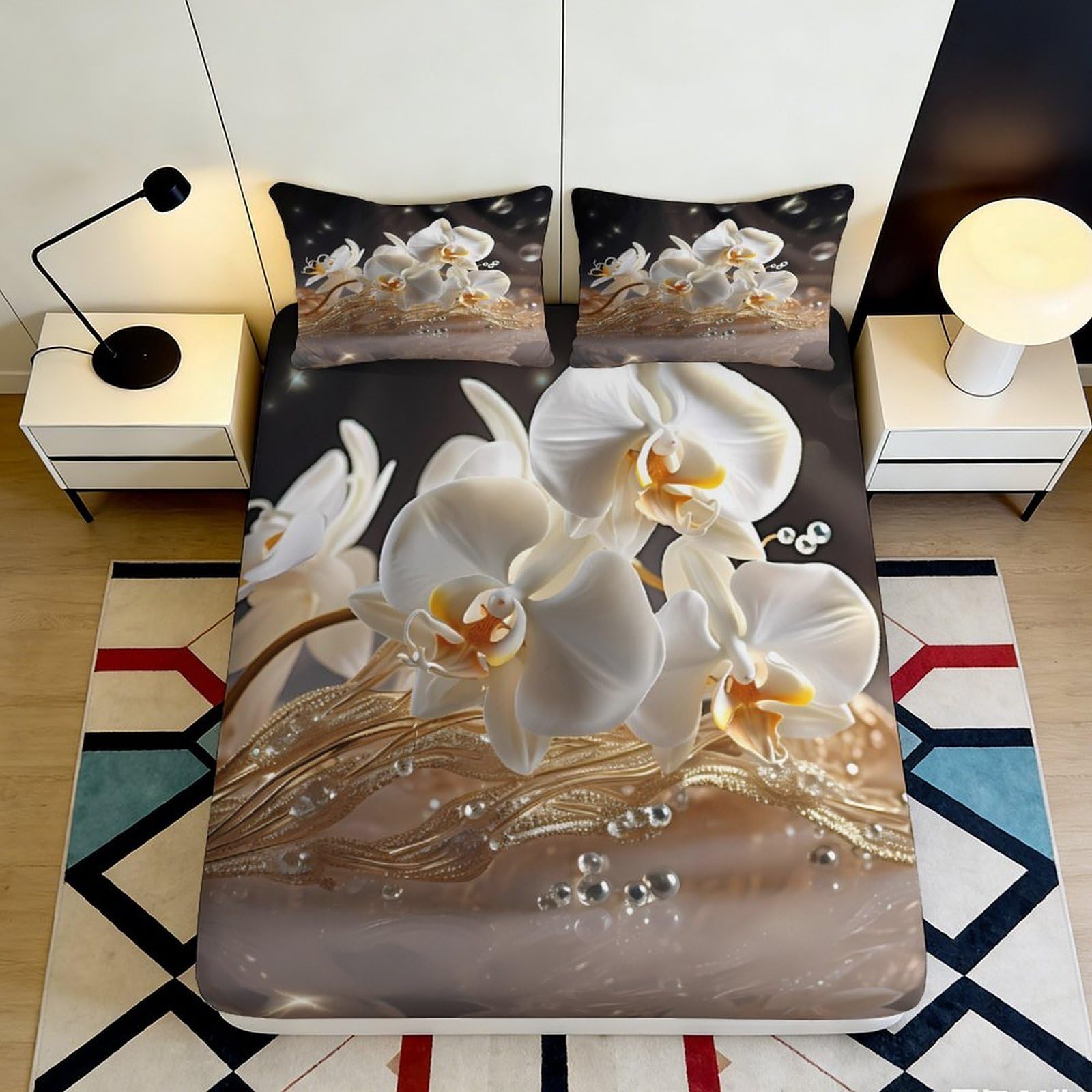 3D Printed White Orchid Fitted Sheet Microfiber Soft Breathable Floral Bed Cover with 3D Design for Bedroom Dormitory Guest Room Mattress Protection 180x200x25cm