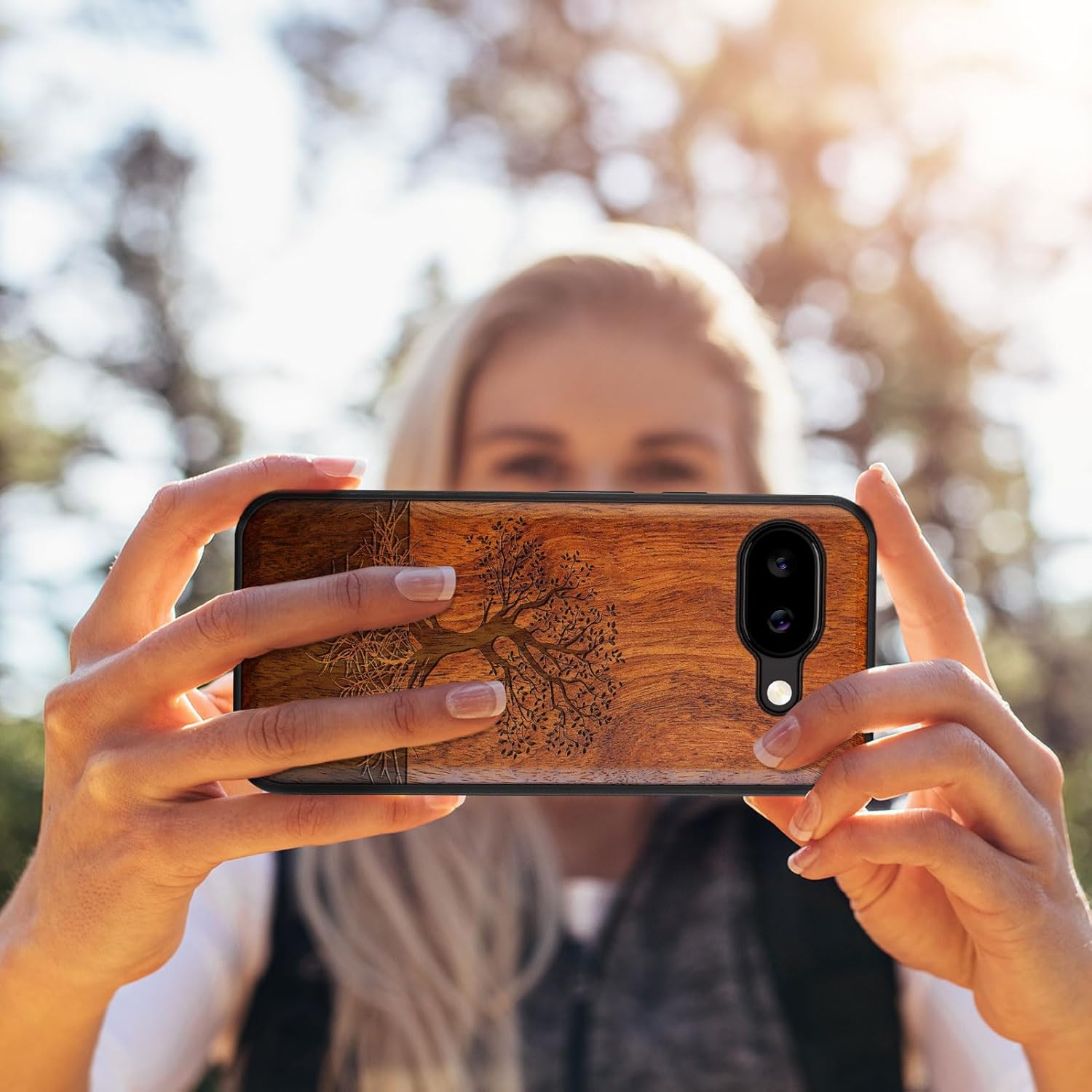 Carveit Magnetic Wooden Case for Google Pixel 9a Case, Wood Artisan Engraved & Soft TPU Shockproof Cover, Compatible with MagSafe Wireless Chargers (The Yin Yang Tree) Rosy